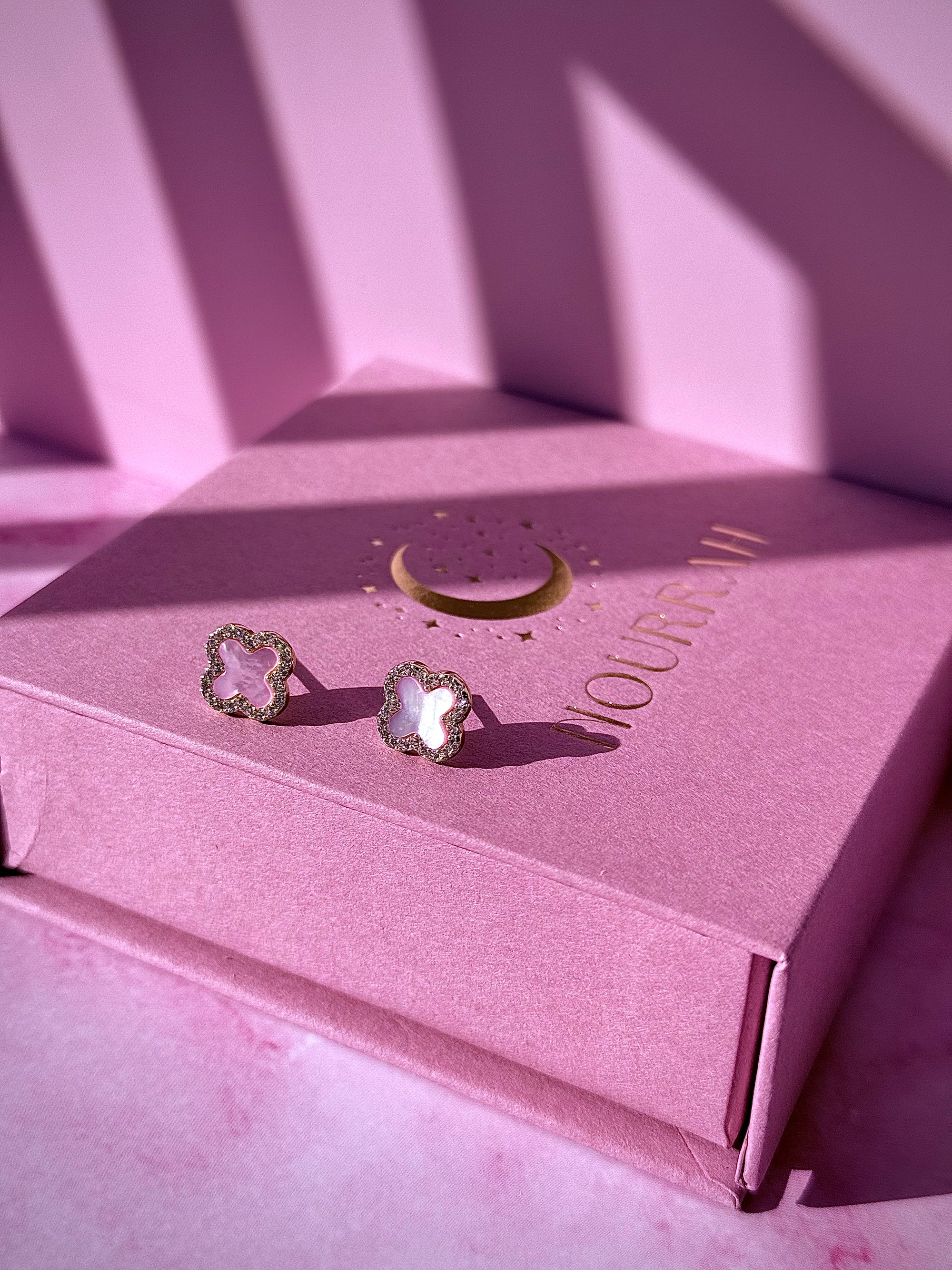 Rosaria–14k Gold Pink Mother of Pearl Clover Zircon Earrings