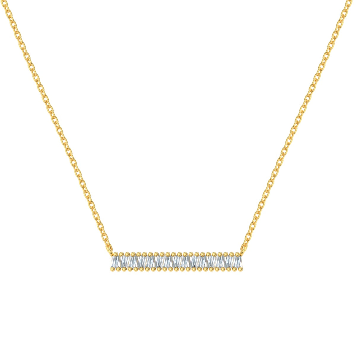 Gold necklace with a bar pendant on a white background