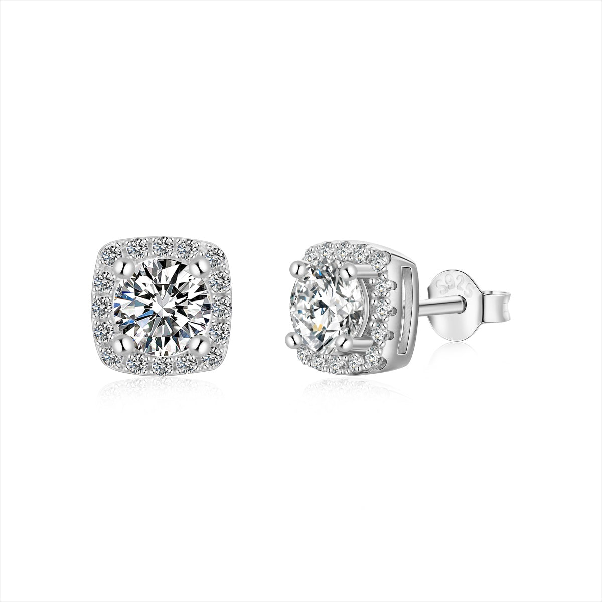 Pair of silver diamond stud earrings with clear gemstones on a white background