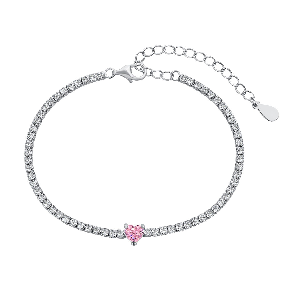 Silver tennis bracelet with a pink heart-shaped gem on a white background