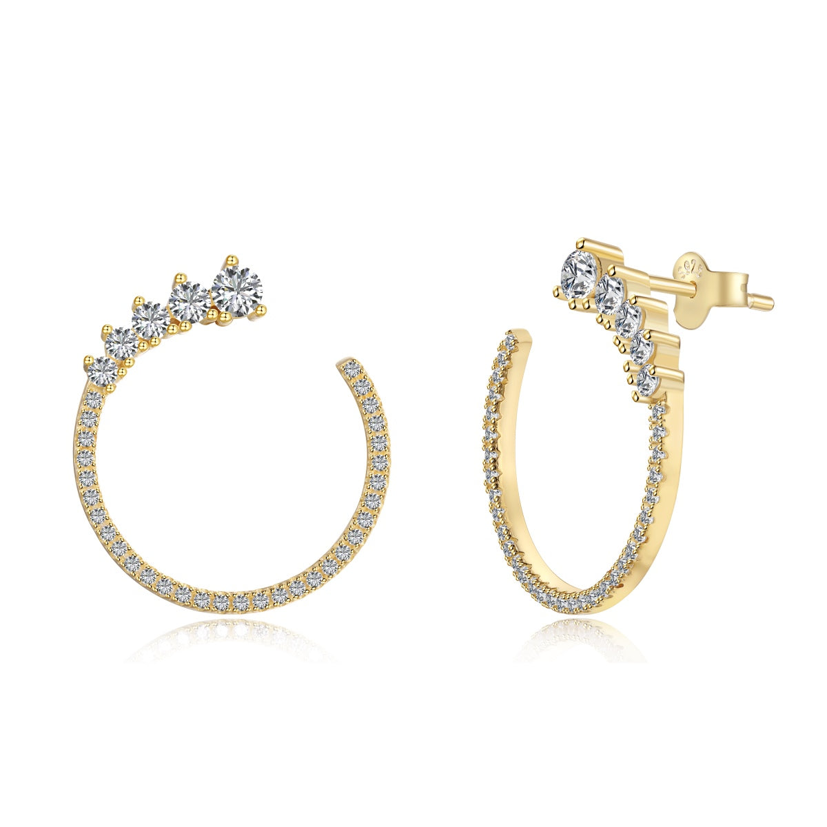 Gold hoop earrings with diamond accents on a white background