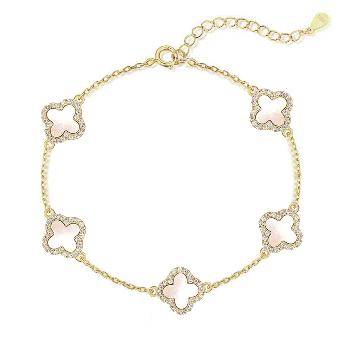 14k gold mother of pearl clover bracelet on a white background