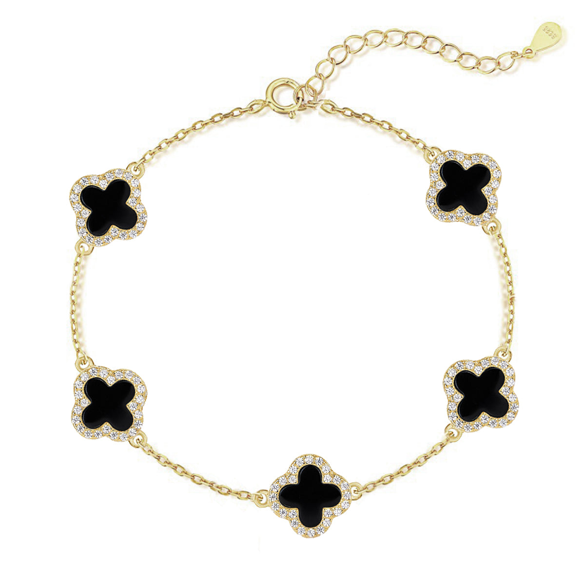 14k gold black agate clover bracelet on a white background