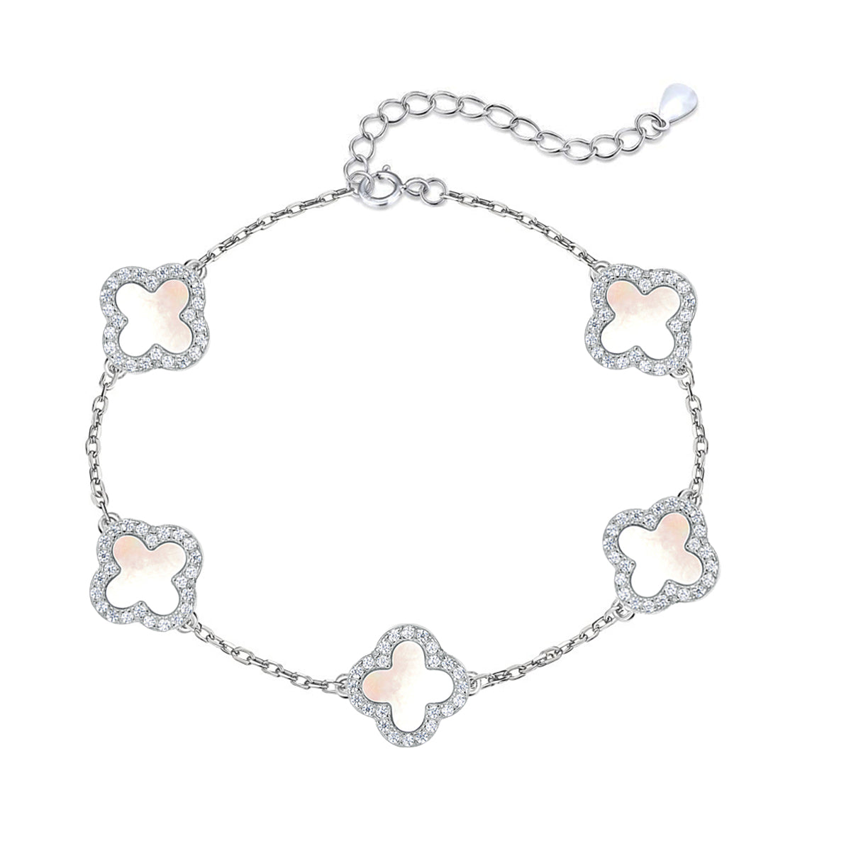silver mother of pearl clover bracelet on a white background