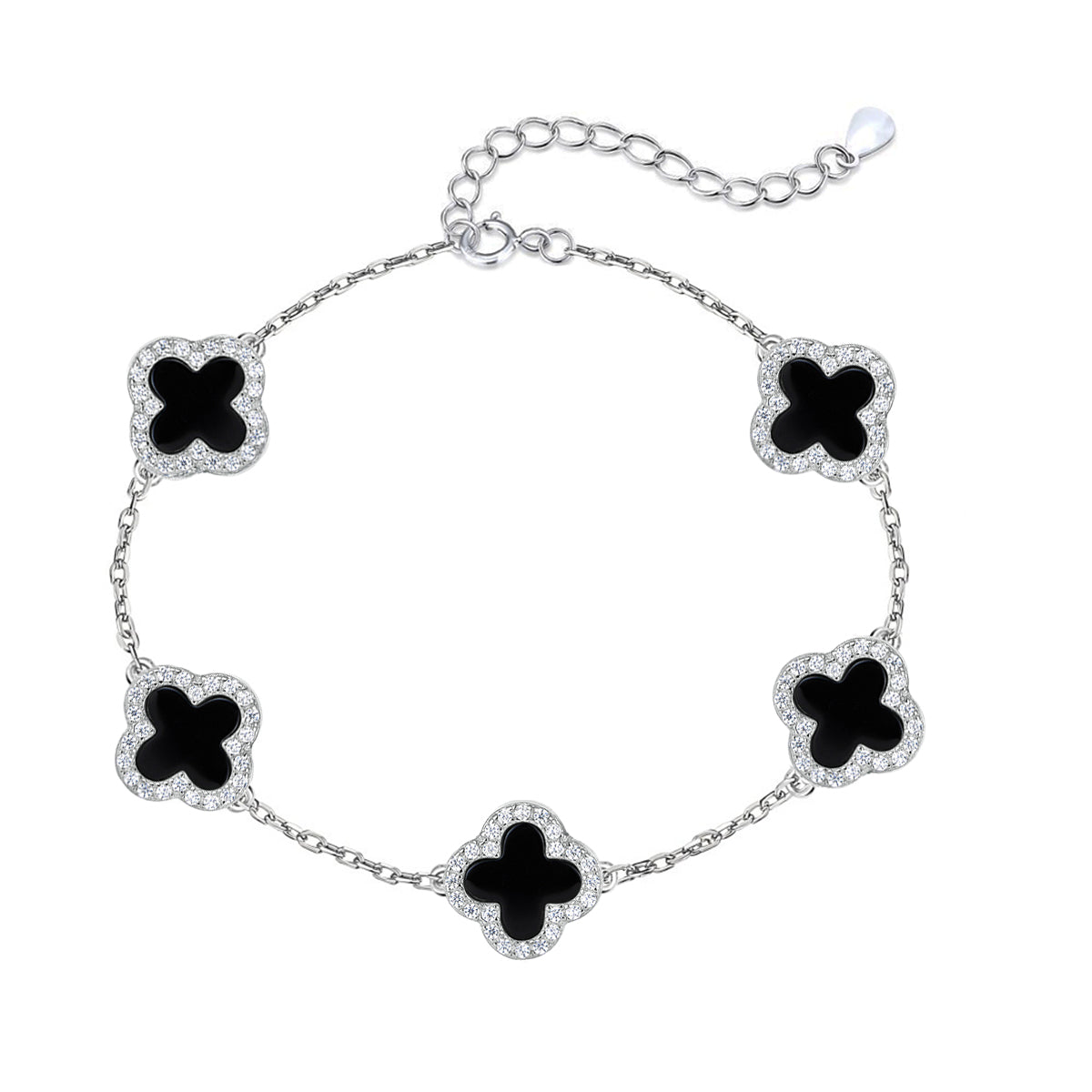 Bracelet clover bracelet with black clover-shaped charms on a white background
