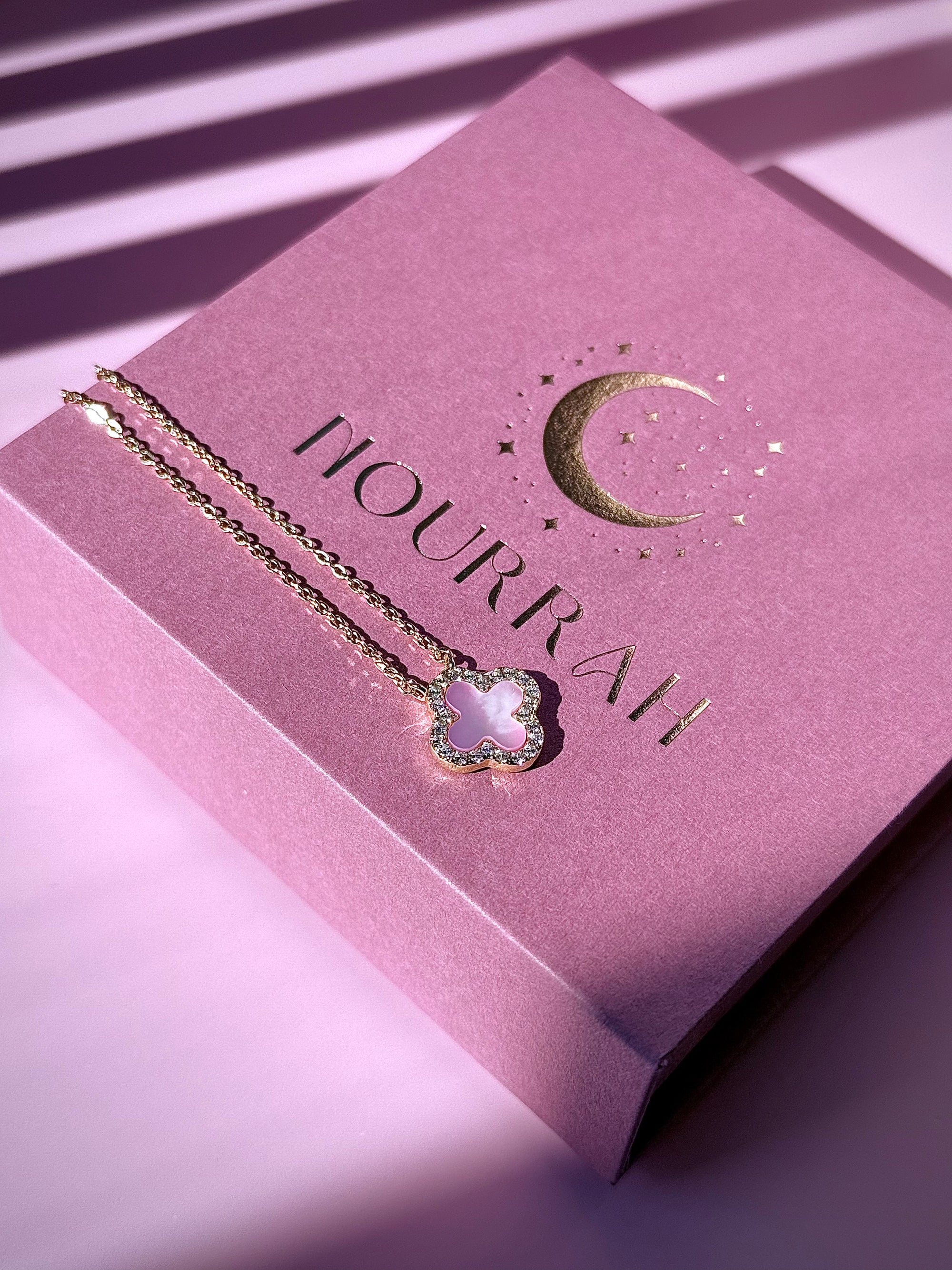 Rosyra–14k Gold Pink Mother of Pearl Clover Zircon Necklace