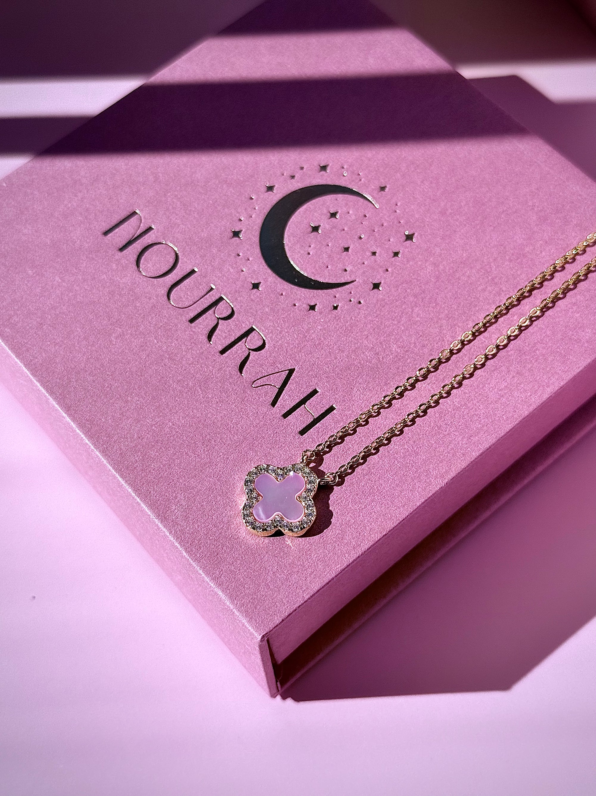 Rosyra–14k Gold Pink Mother of Pearl Clover Zircon Necklace