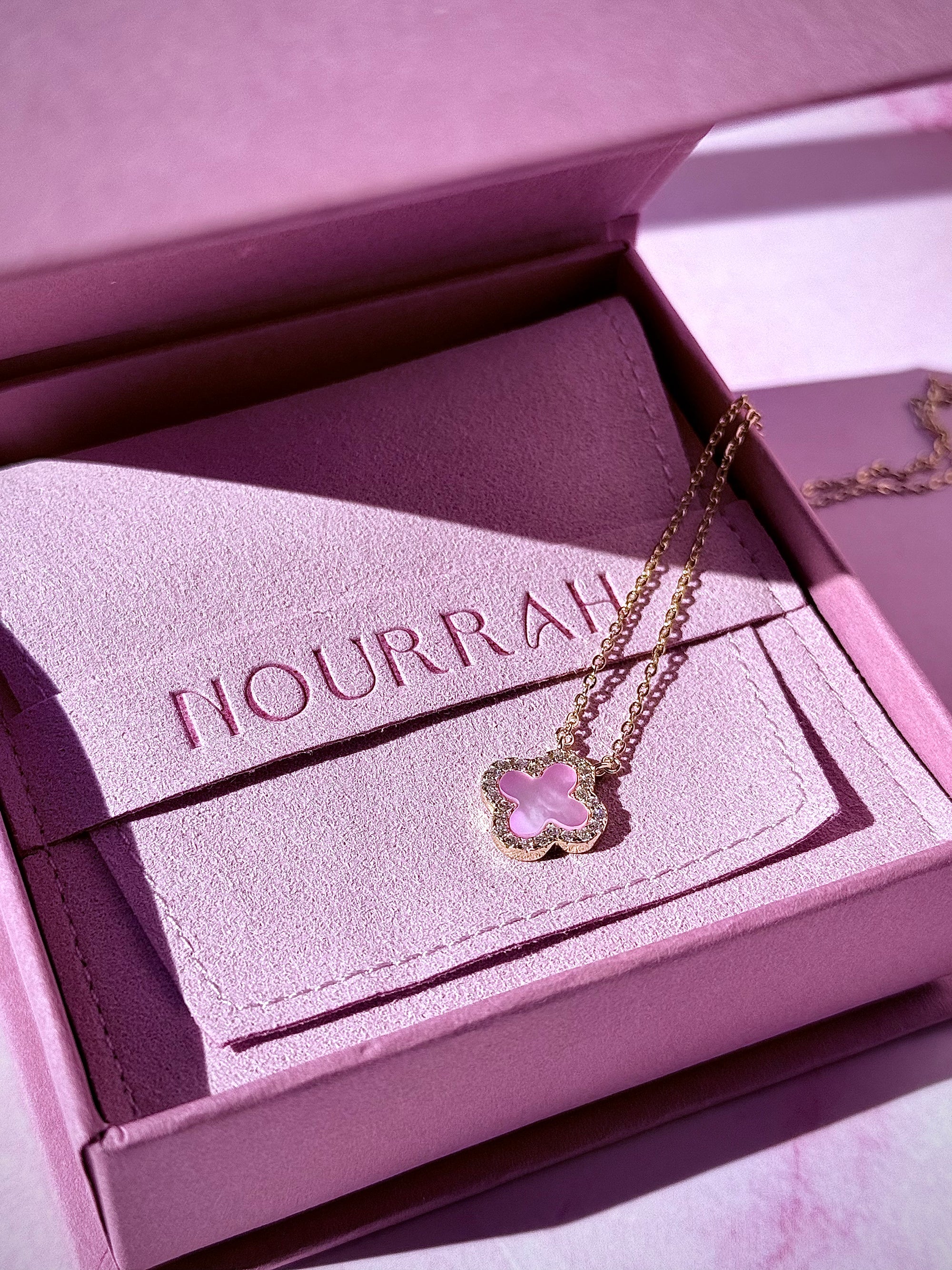 Rosyra–14k Gold Pink Mother of Pearl Clover Zircon Necklace