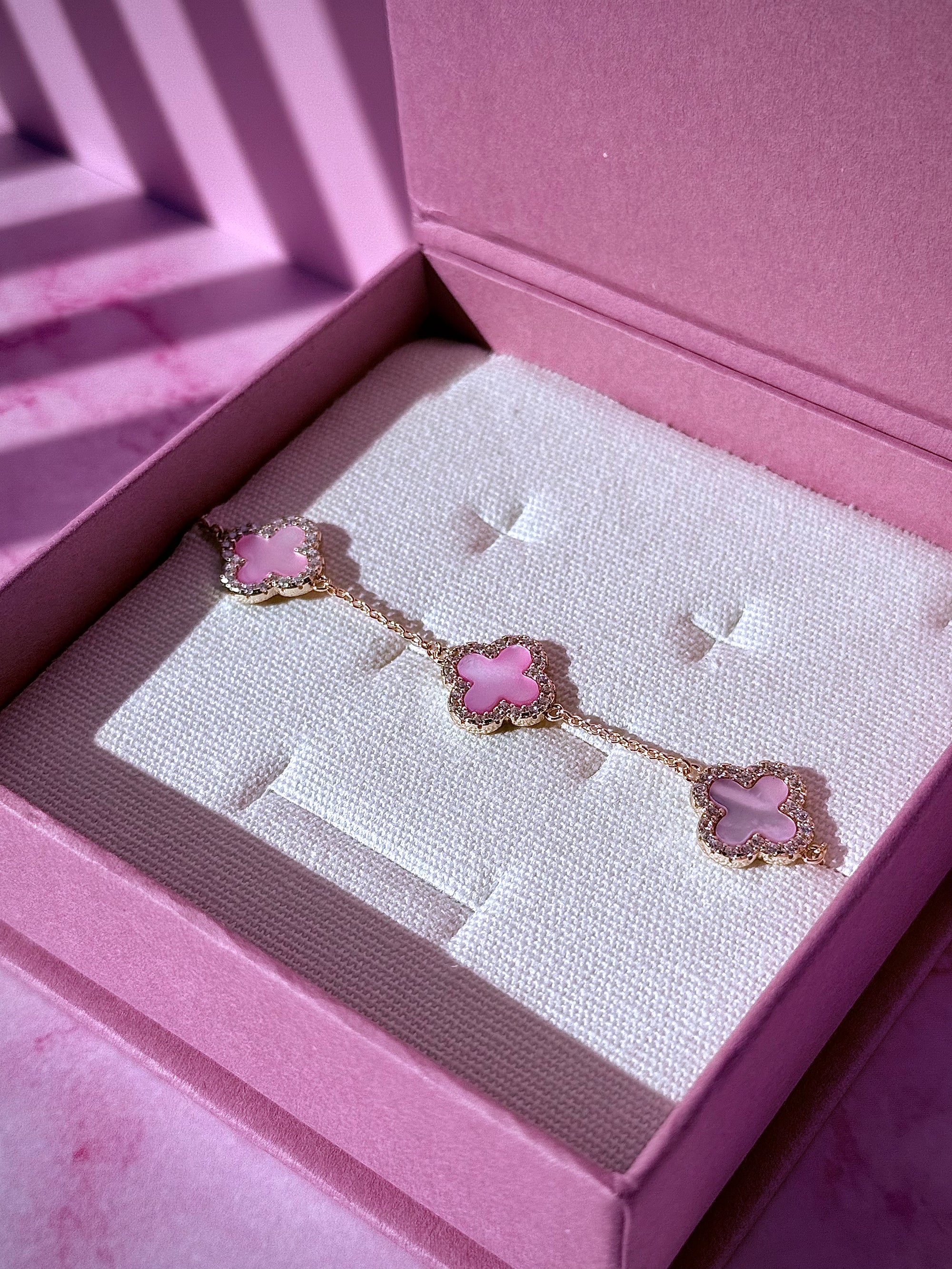 Pink Blossom–14k Gold Pink Mother of Pearl Clover Zircon Bracelet