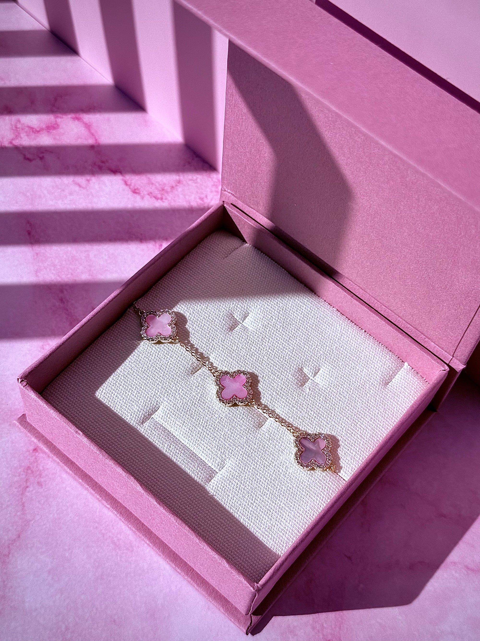 Pink Blossom–14k Gold Pink Mother of Pearl Clover Zircon Bracelet