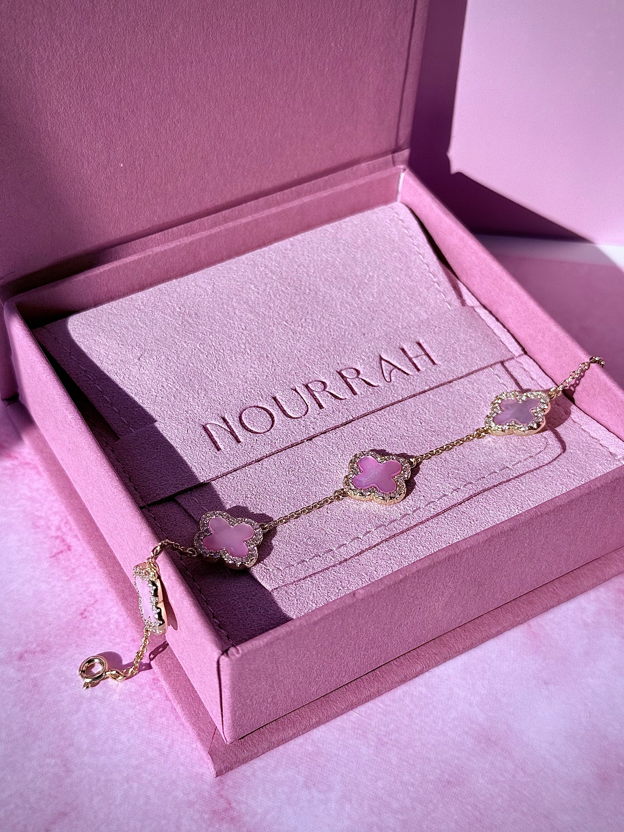 Pink Blossom–14k Gold Pink Mother of Pearl Clover Zircon Bracelet