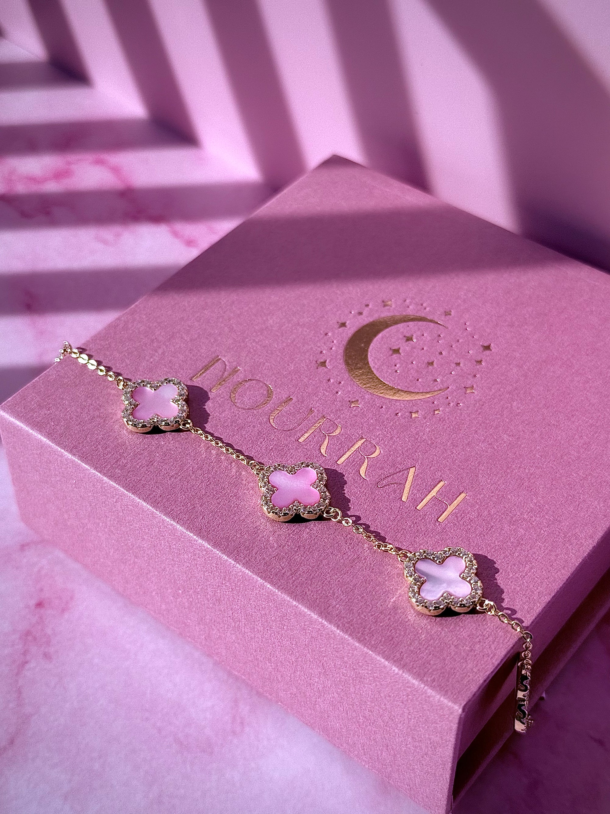 Pink Blossom–14k Gold Pink Mother of Pearl Clover Zircon Bracelet