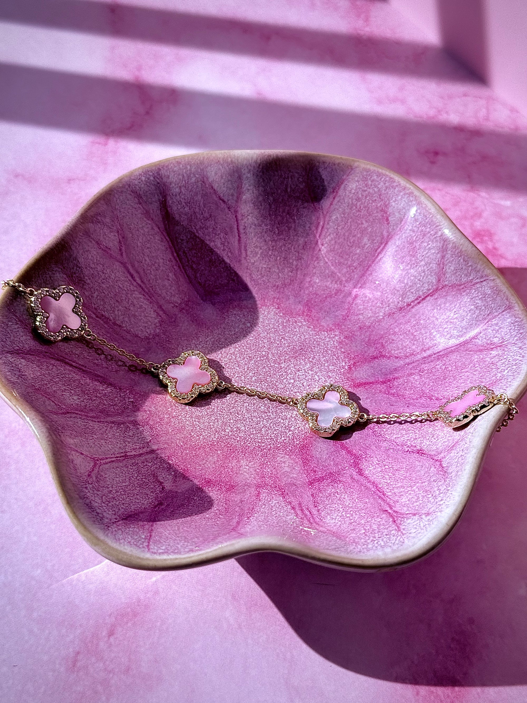 Pink Blossom–14k Gold Pink Mother of Pearl Clover Zircon Bracelet
