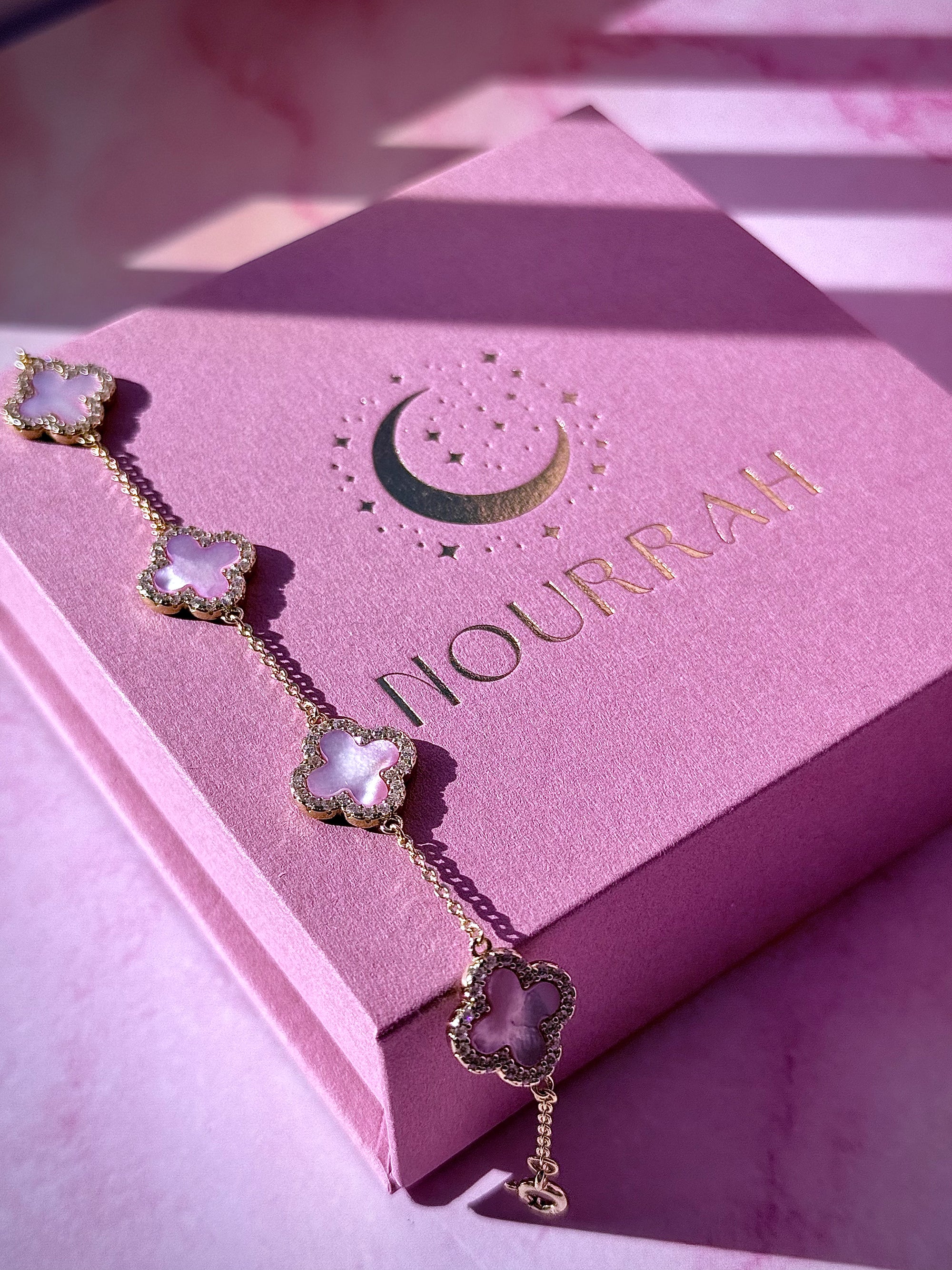 Pink Blossom–14k Gold Pink Mother of Pearl Clover Zircon Bracelet