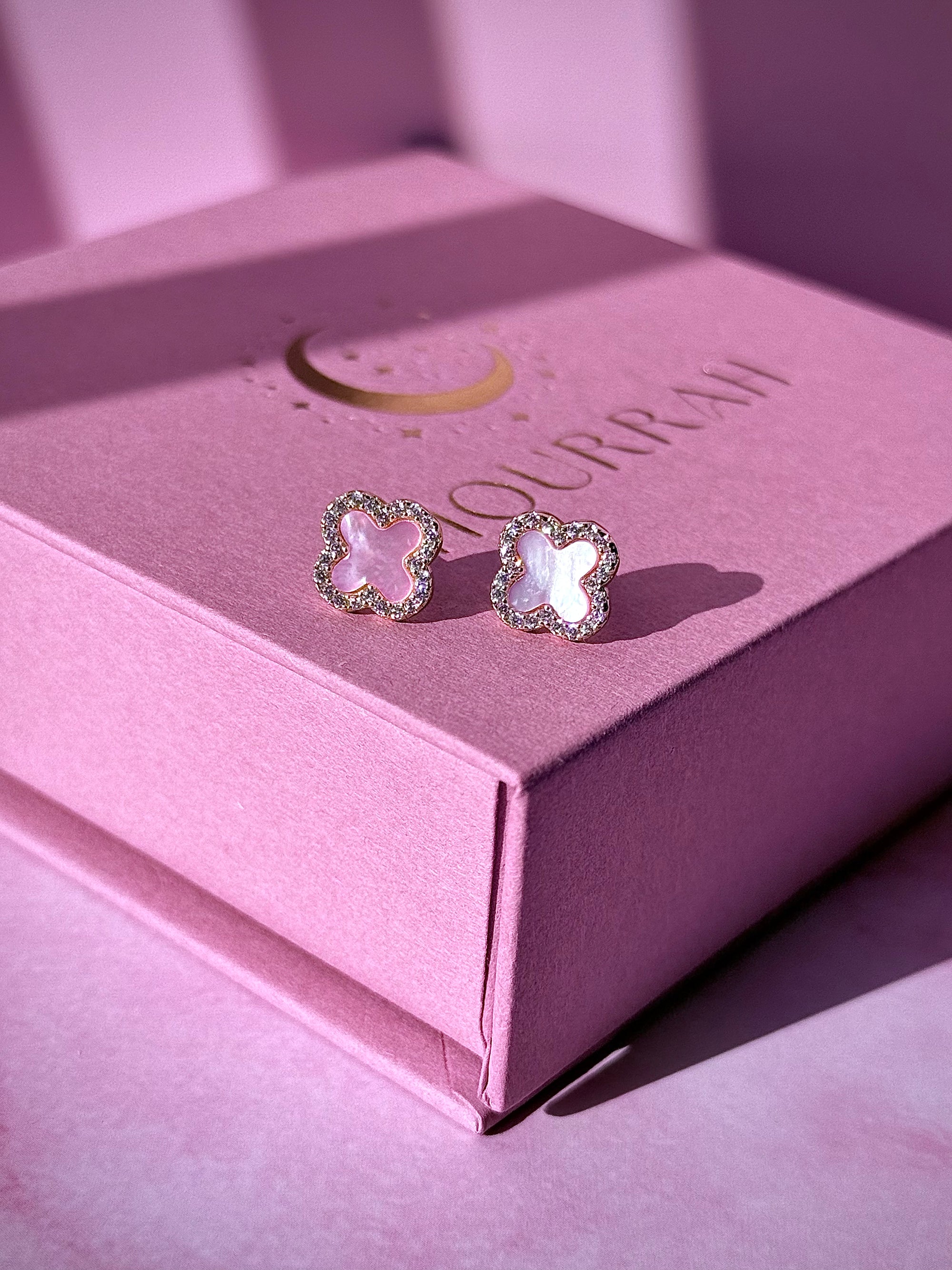 Rosaria–14k Gold Pink Mother of Pearl Clover Zircon Earrings