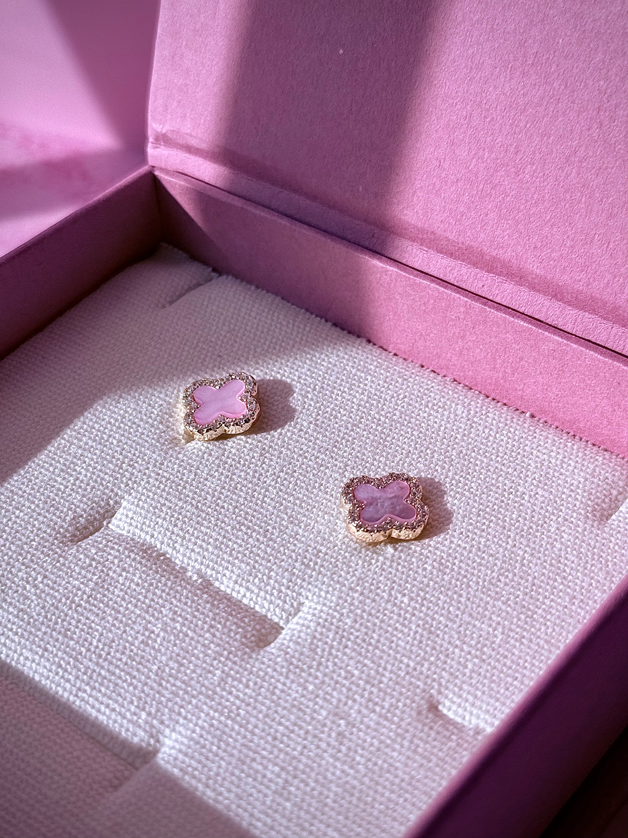 Rosaria–14k Gold Pink Mother of Pearl Clover Zircon Earrings