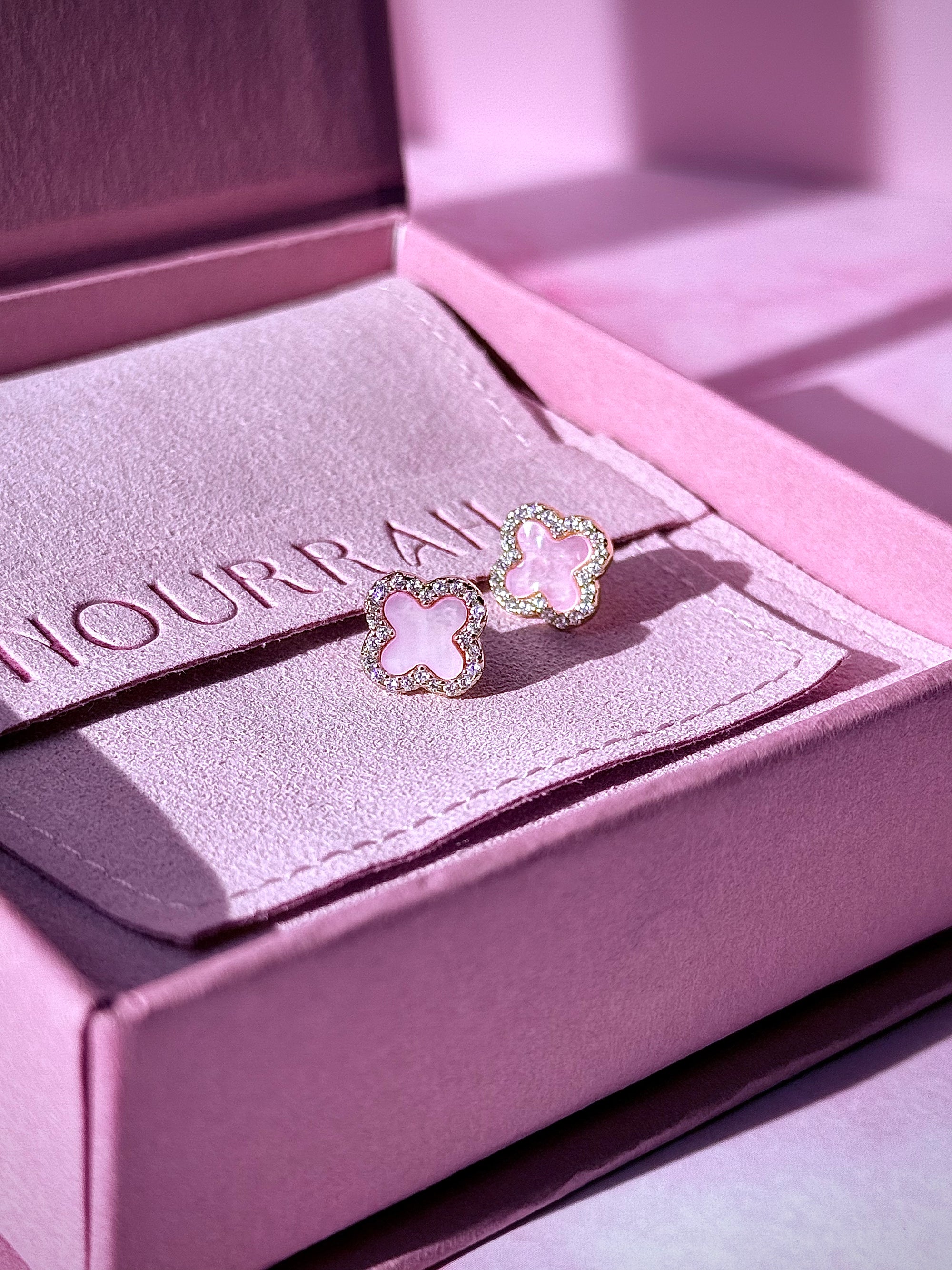 Rosaria–14k Gold Pink Mother of Pearl Clover Zircon Earrings