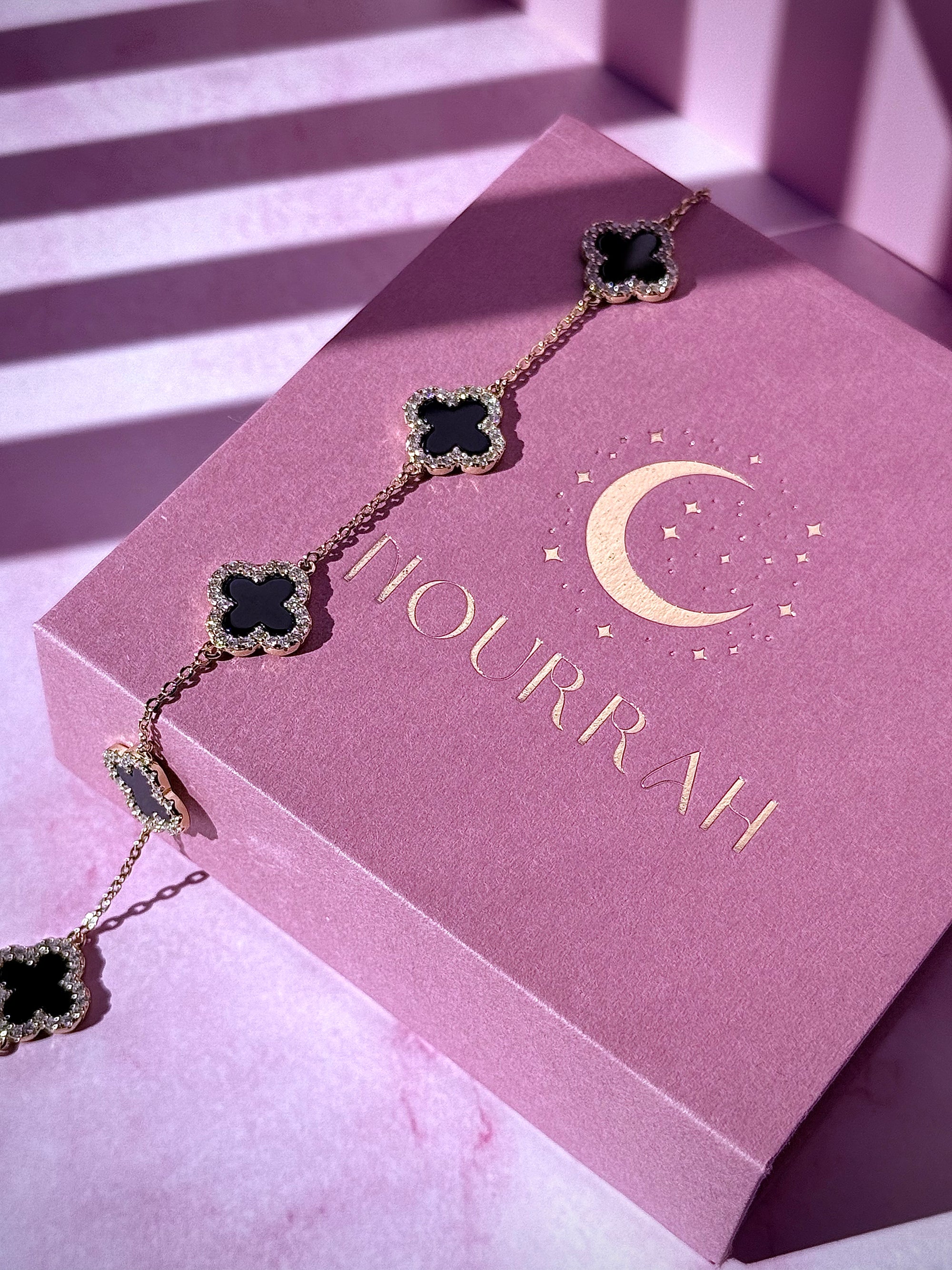 Midnight Bloom–14k Gold Onyx Clover Zircon Bracelet