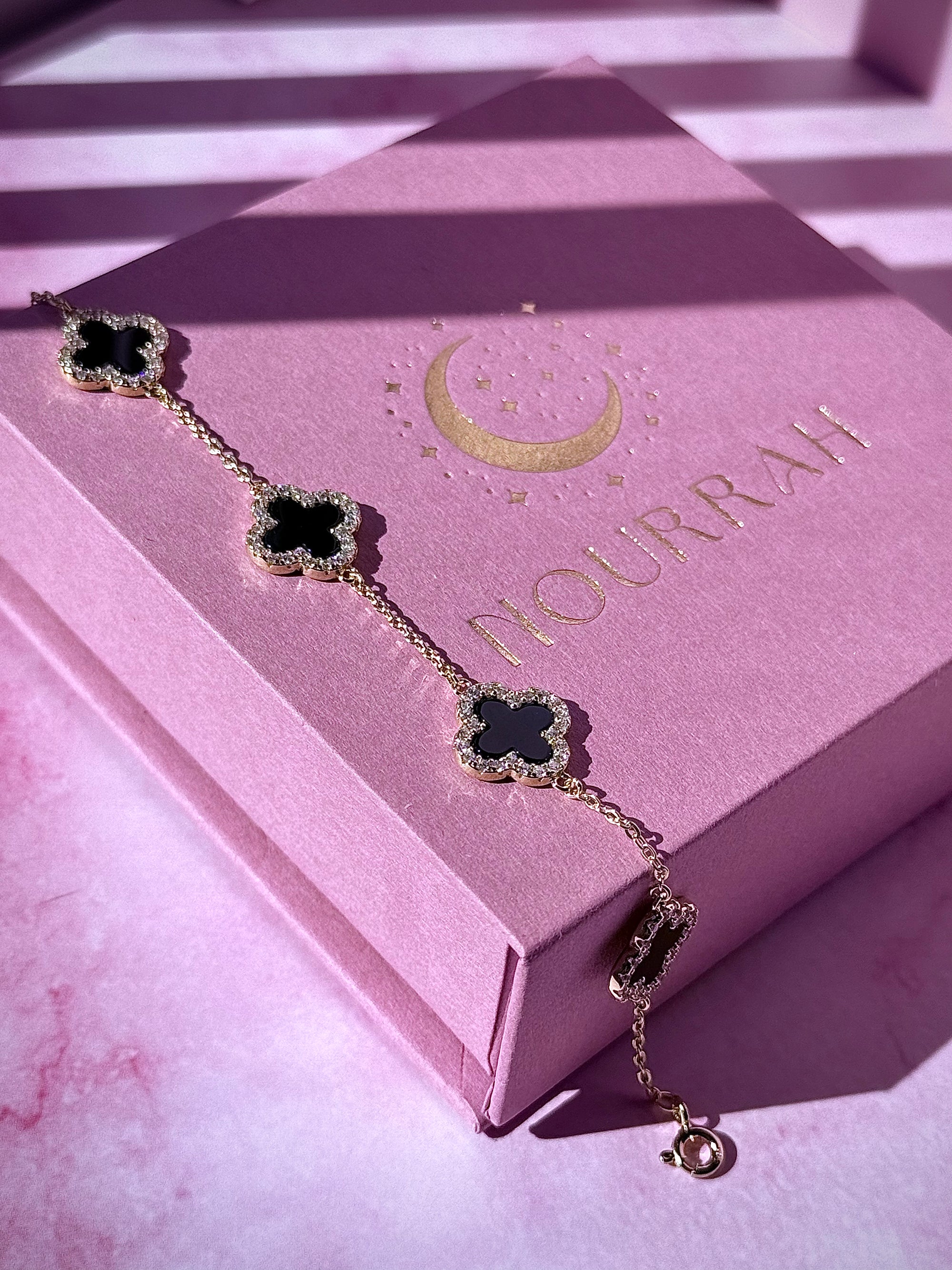 Midnight Bloom–14k Gold Onyx Clover Zircon Bracelet