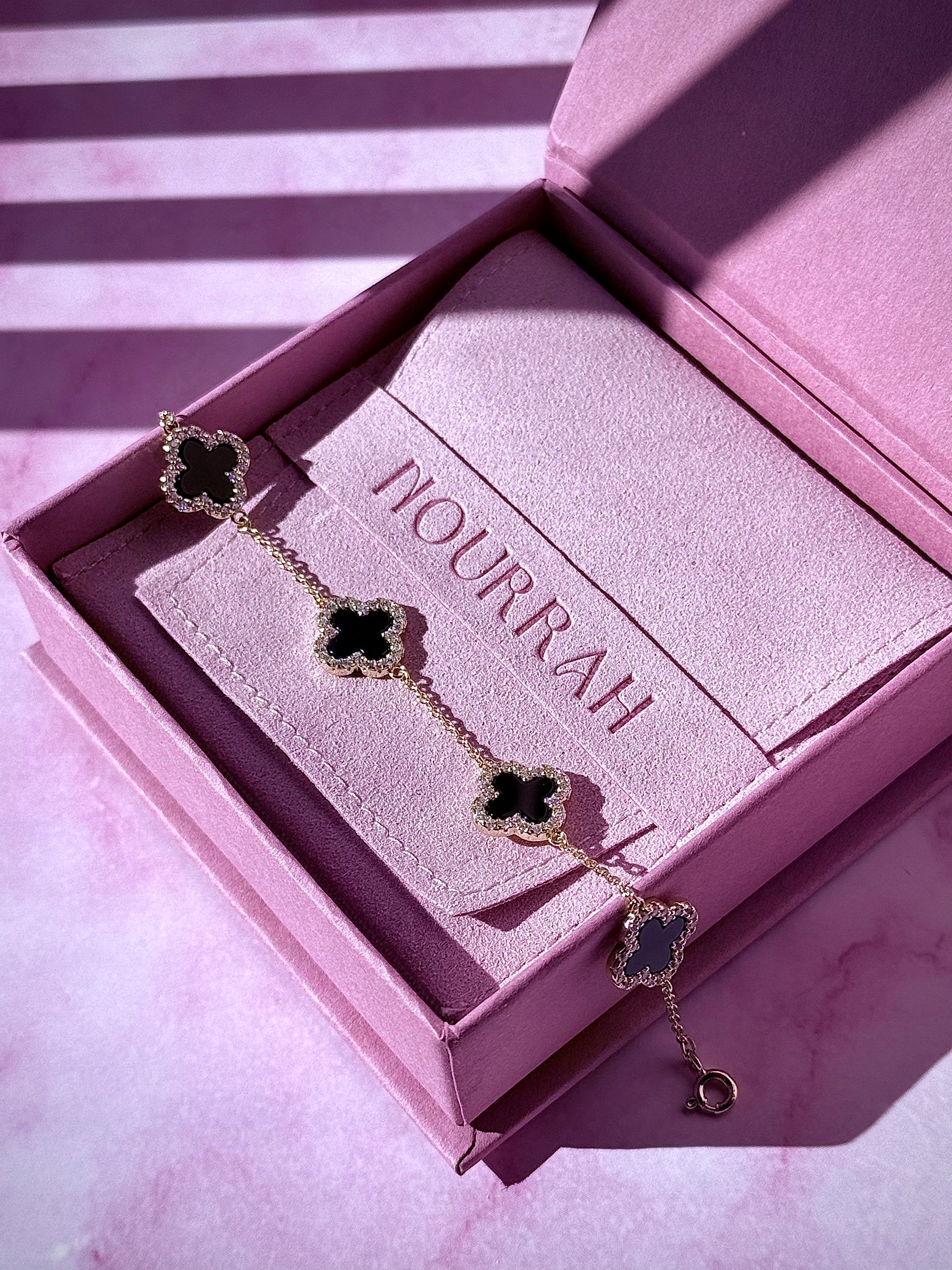 Midnight Bloom–14k Gold Onyx Clover Zircon Bracelet
