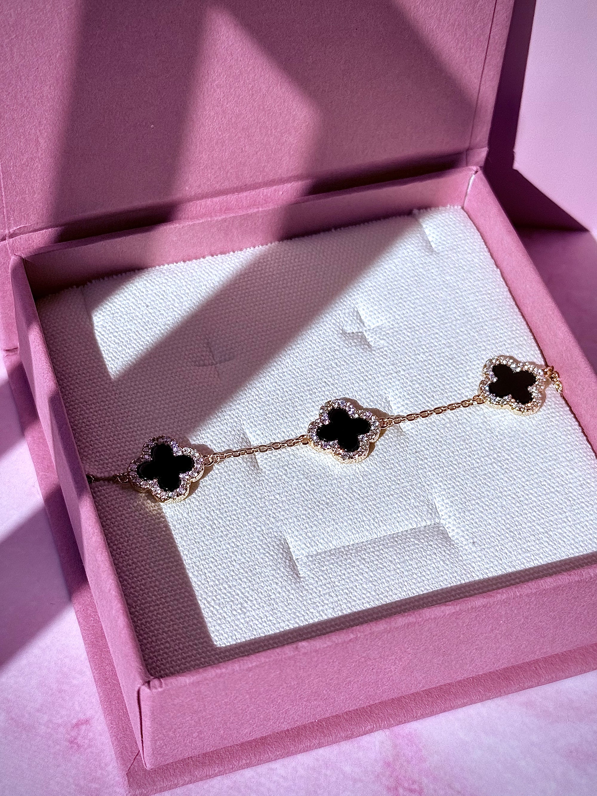 Midnight Bloom–14k Gold Onyx Clover Zircon Bracelet