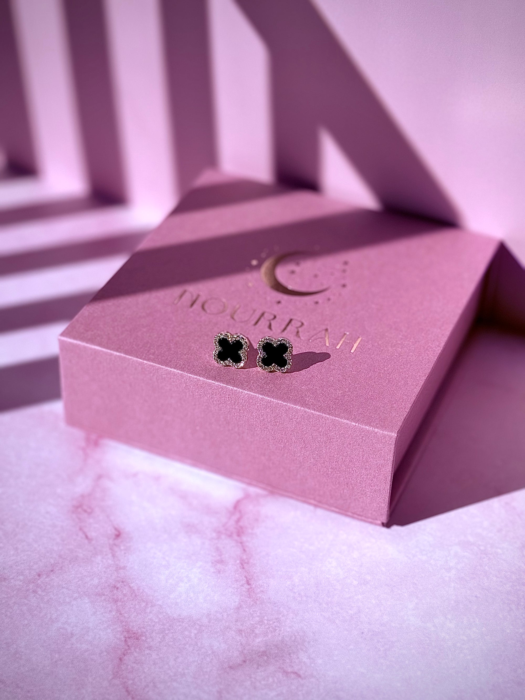 Noctis–14k Gold Onyx Clover Zircon Earrings