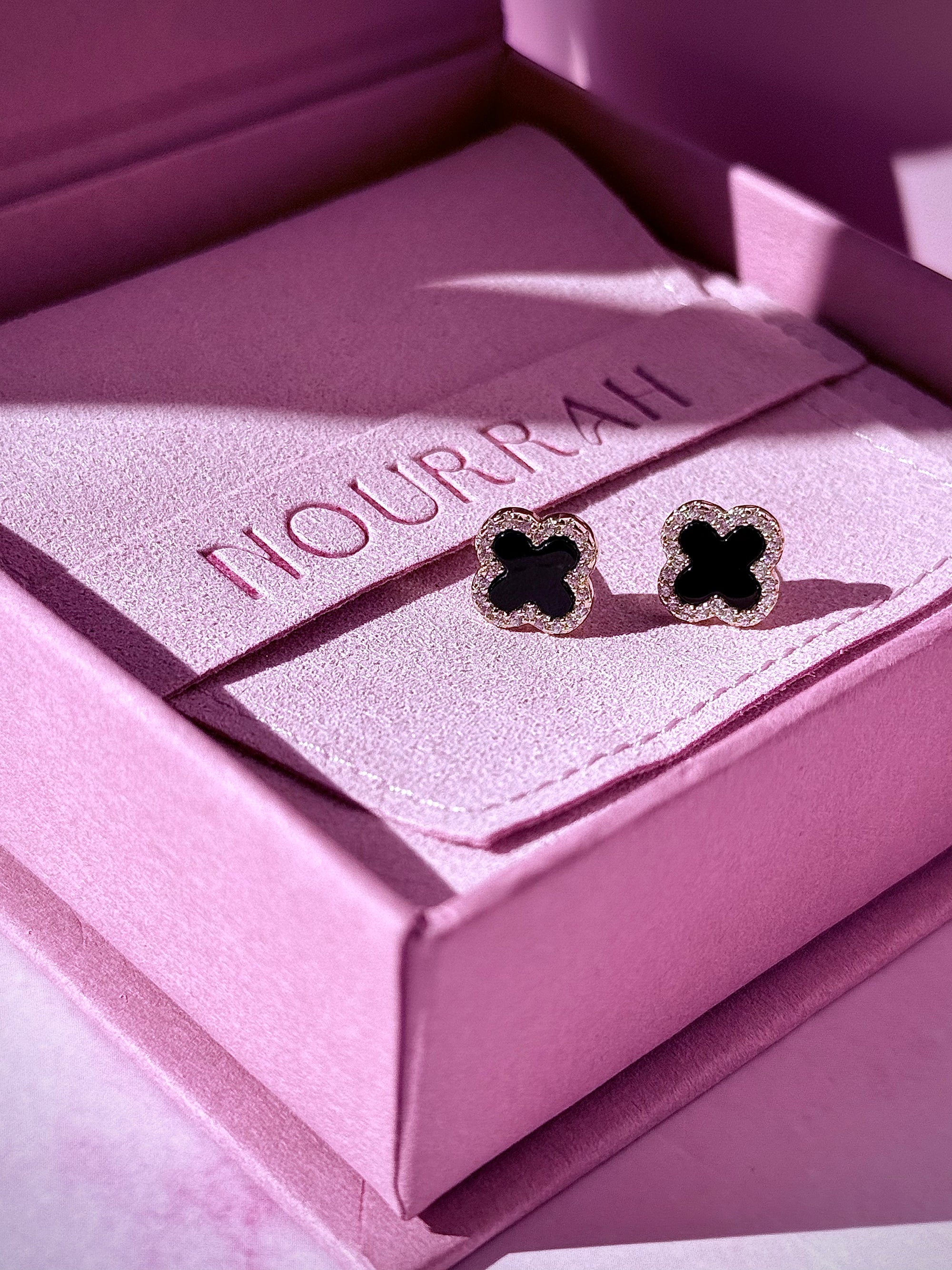 Noctis–14k Gold Onyx Clover Zircon Earrings