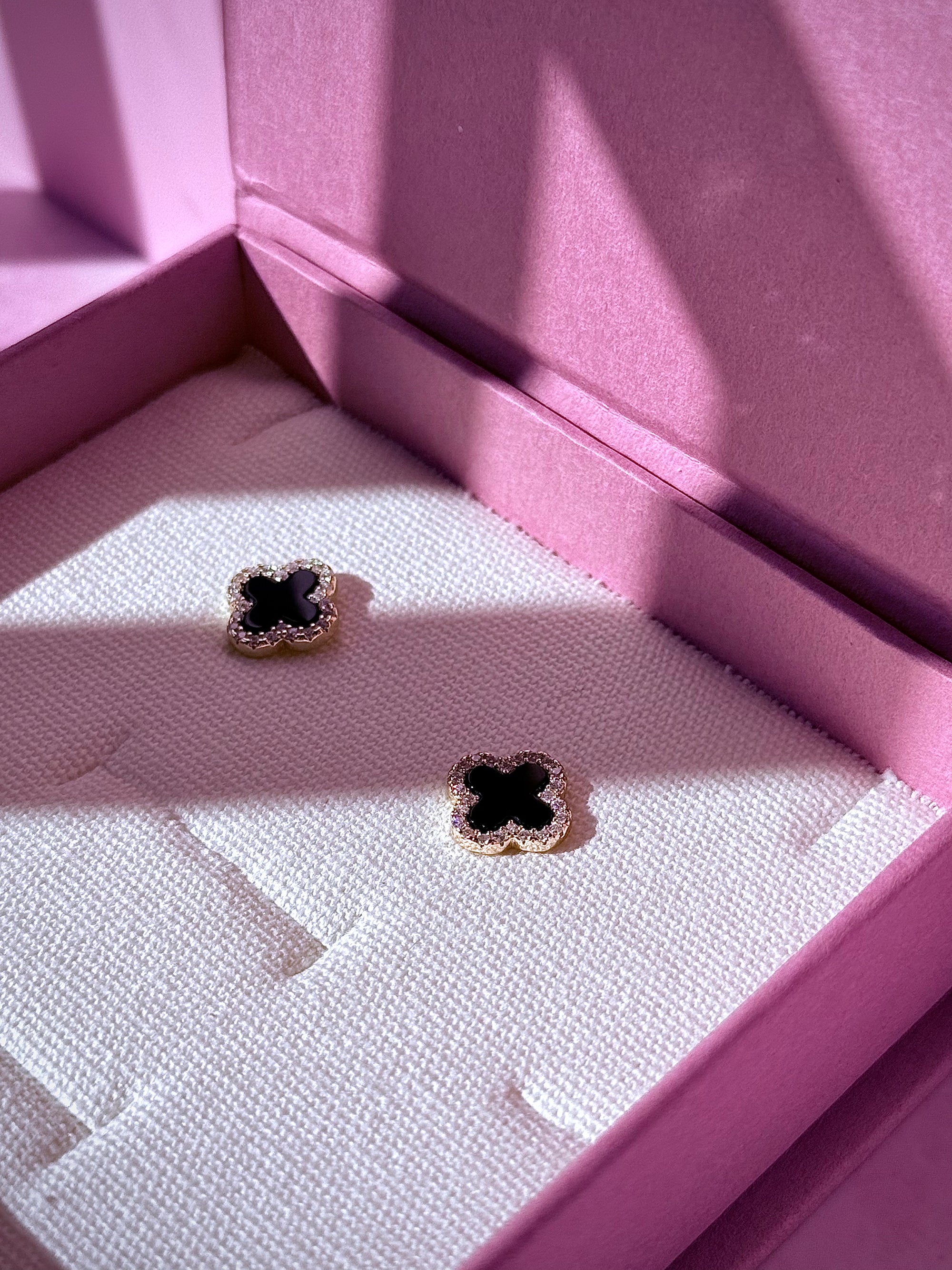 Noctis–14k Gold Onyx Clover Zircon Earrings