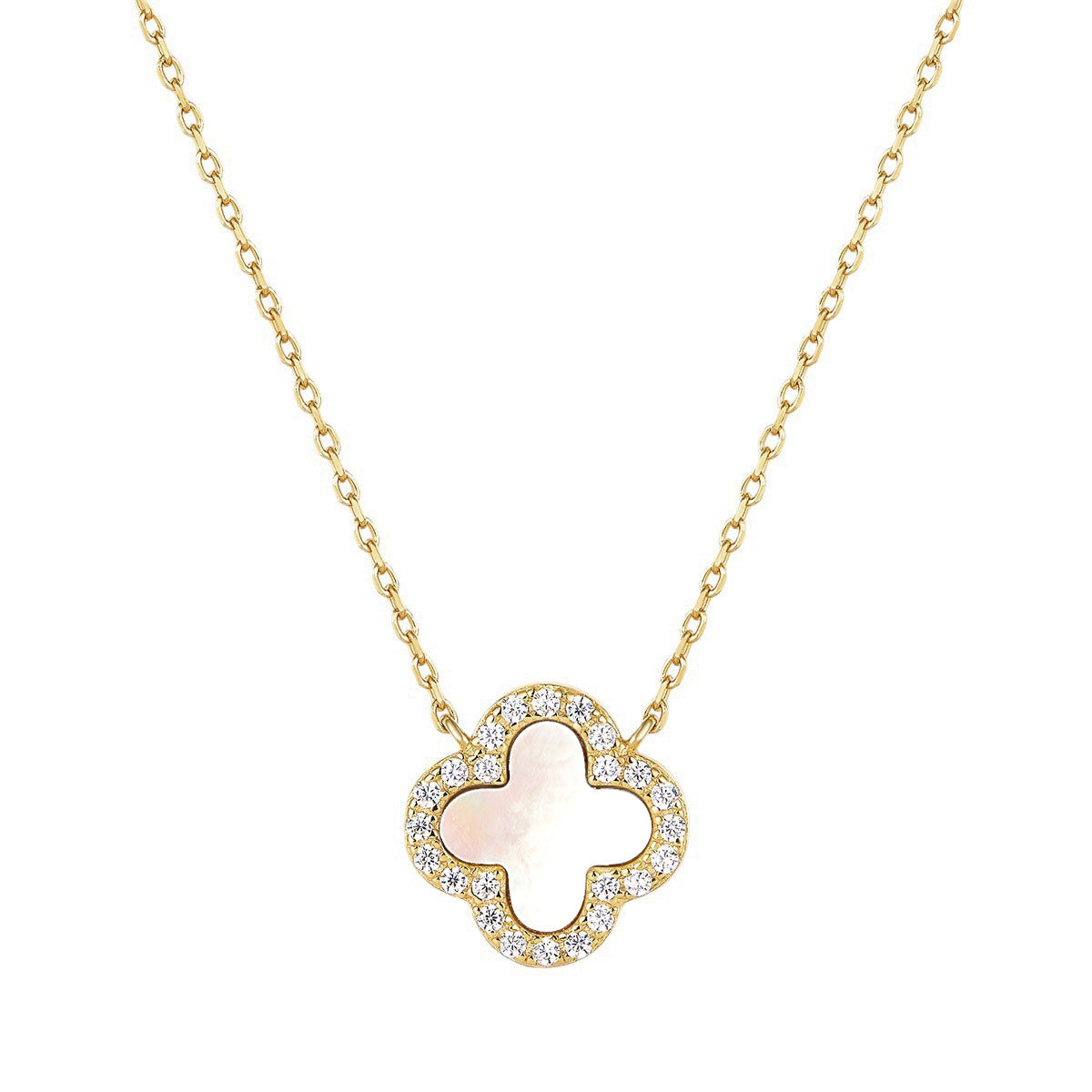 Pearlia–14k Gold Mother of Pearl Clover Zircon Necklace