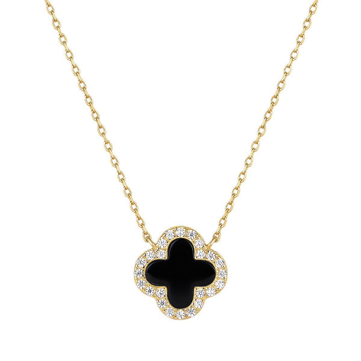 14k gold black agate clover zircon necklace on a white background