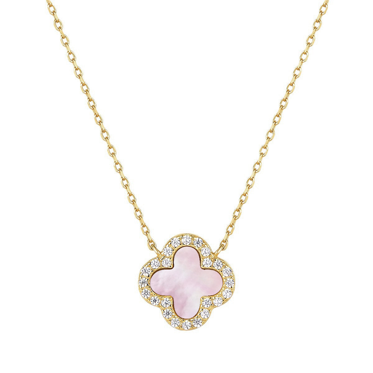 14k gold pink mother of pearl clover necklace on a white background