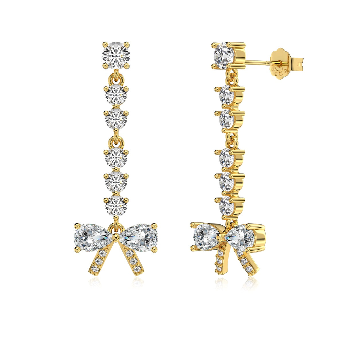 Gold and crystal bow-shaped earrings on a white background