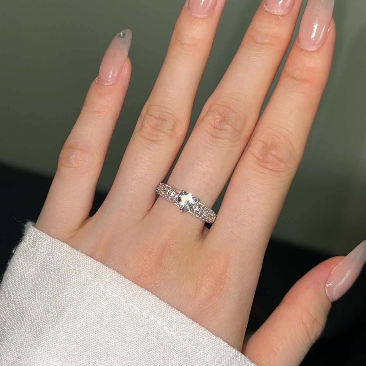 silver heart ring with pave zircon  chunky band