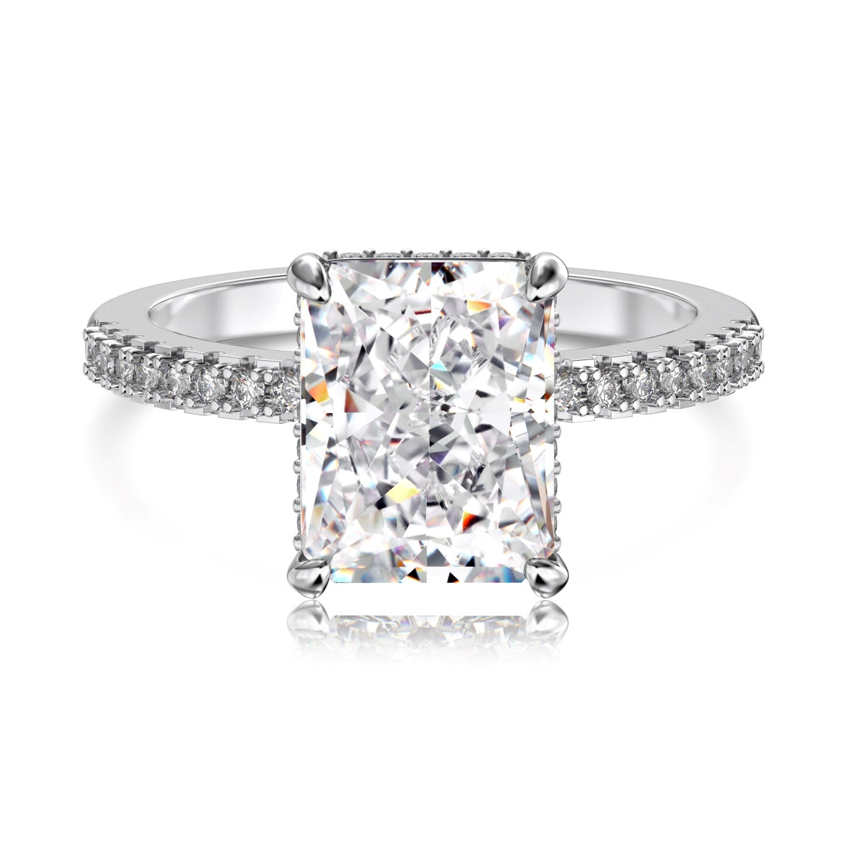 Diamond ring with a large central gemstone and smaller accent stones on the band against a white background