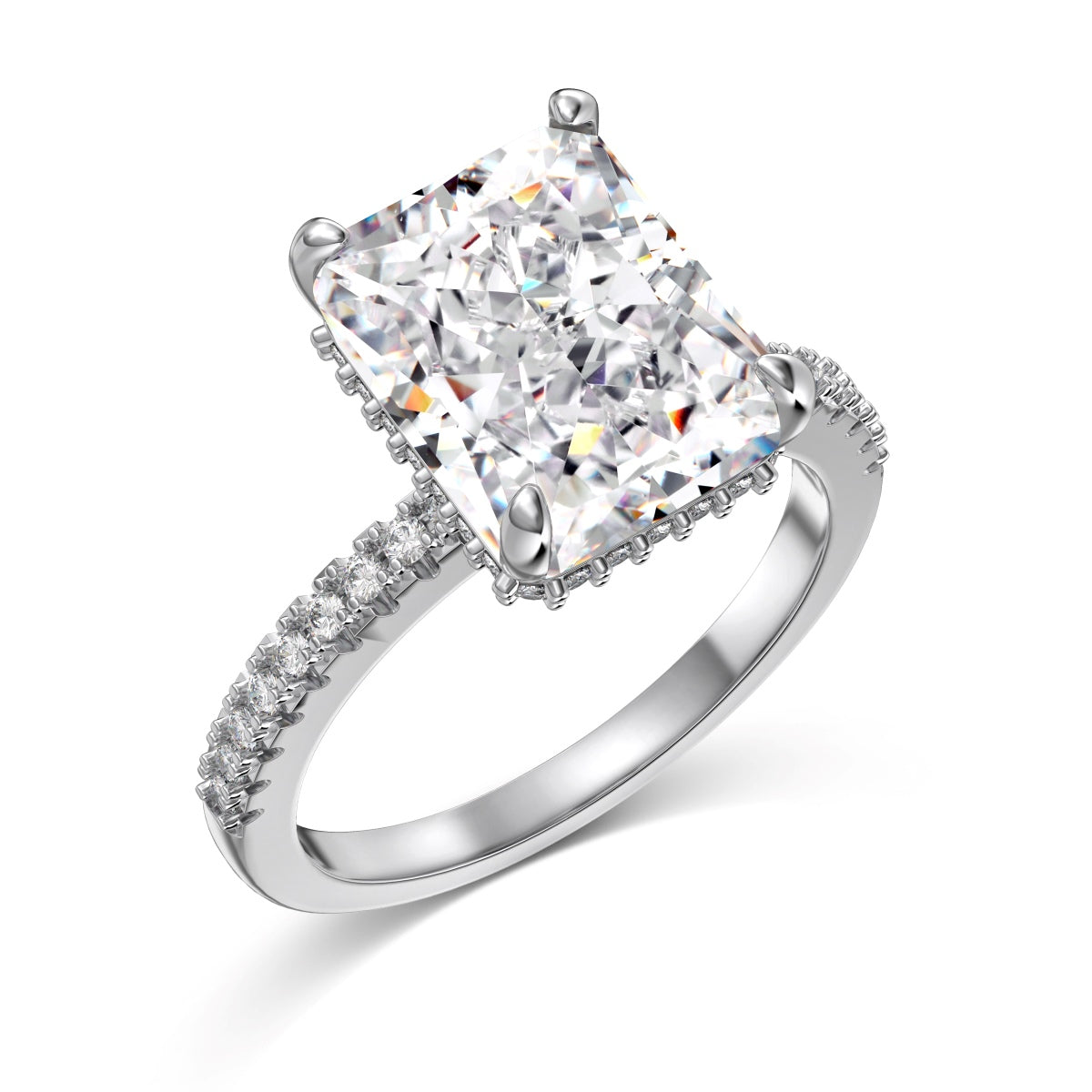 Diamond ring with a large central gemstone and smaller stones on a white background
