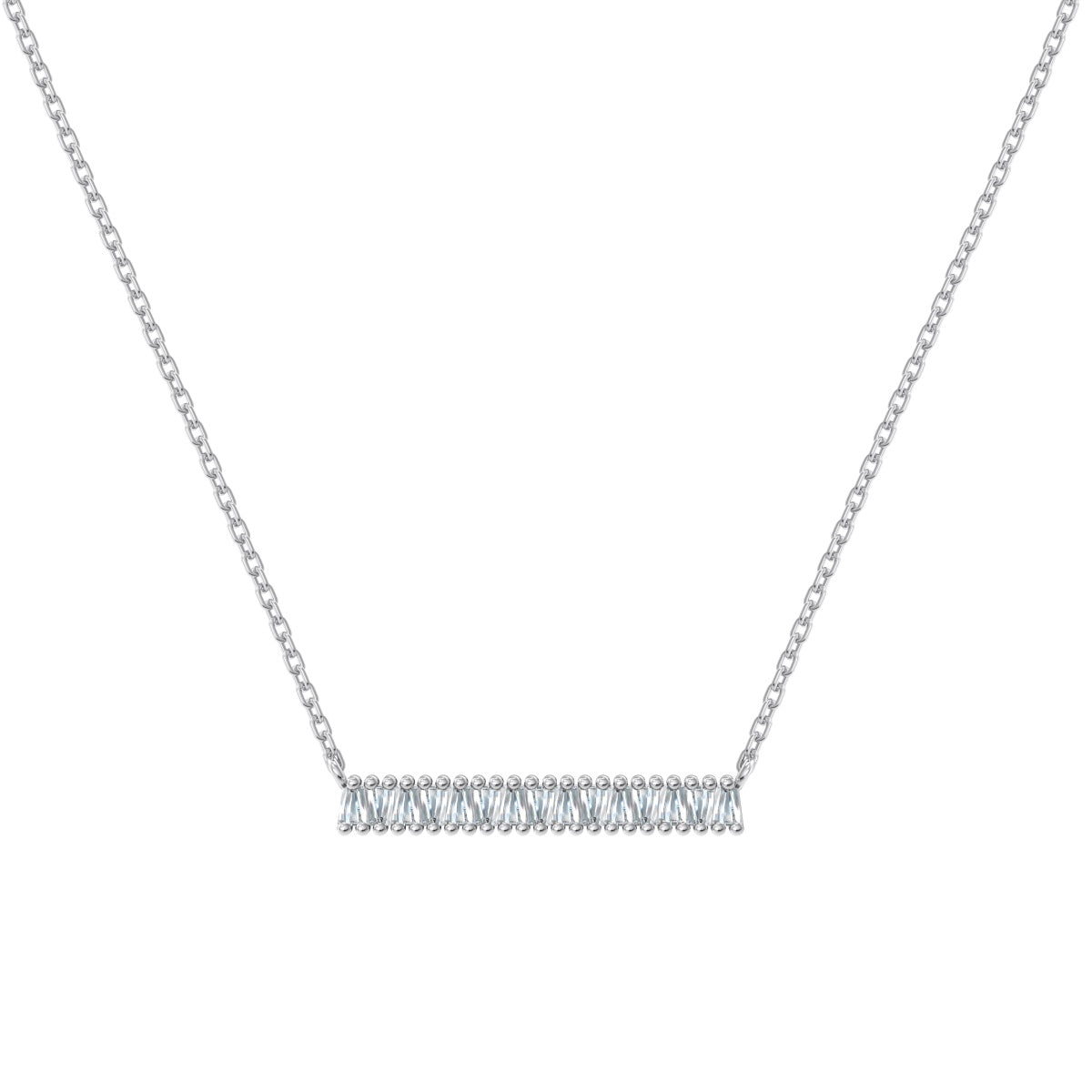 Silver necklace with a bar pendant on a white background