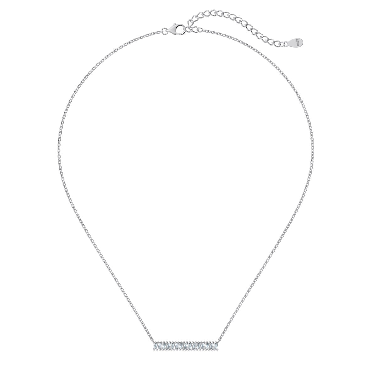 Silver necklace with a bar pendant on a white background