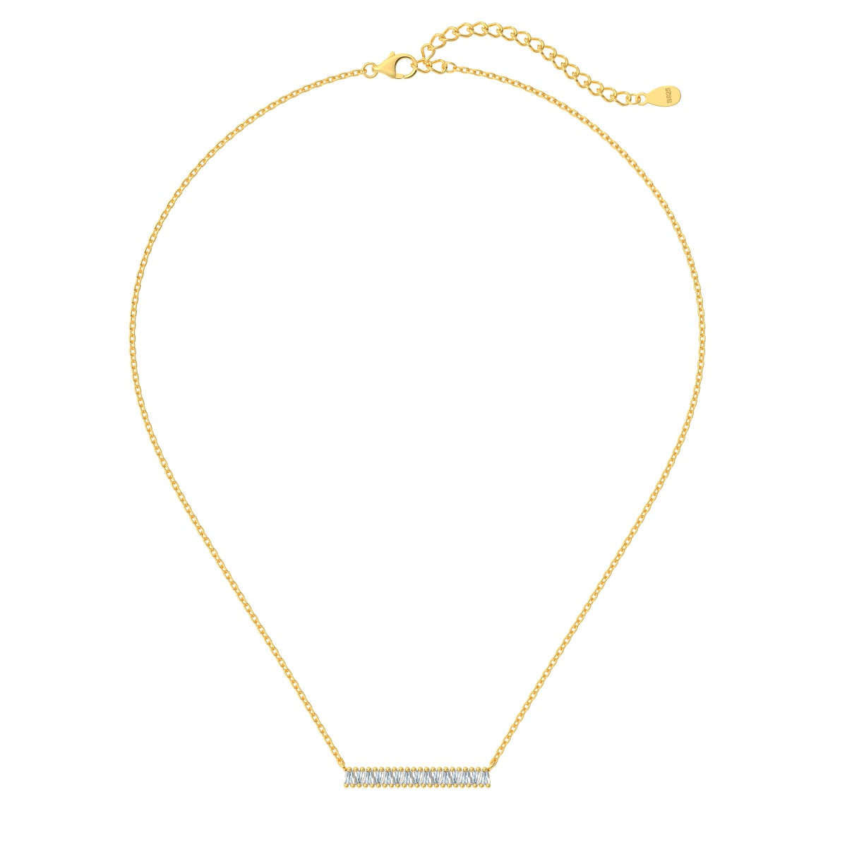 Gold necklace with a small diamond bar pendant on a white background