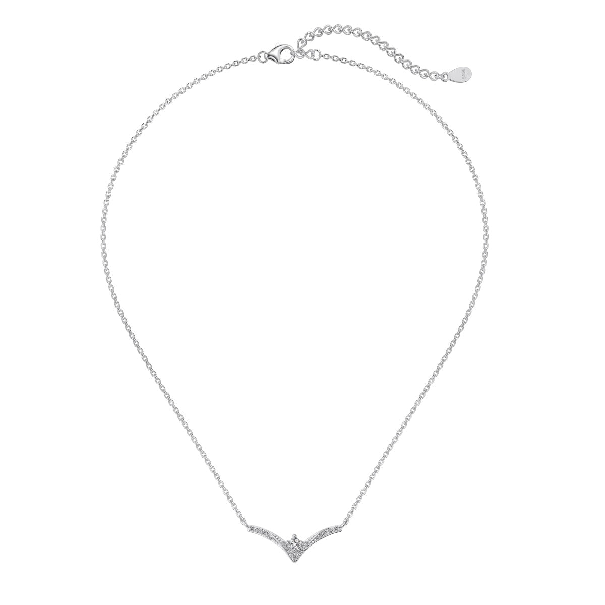 Silver necklace with a chevron pendant on a white background