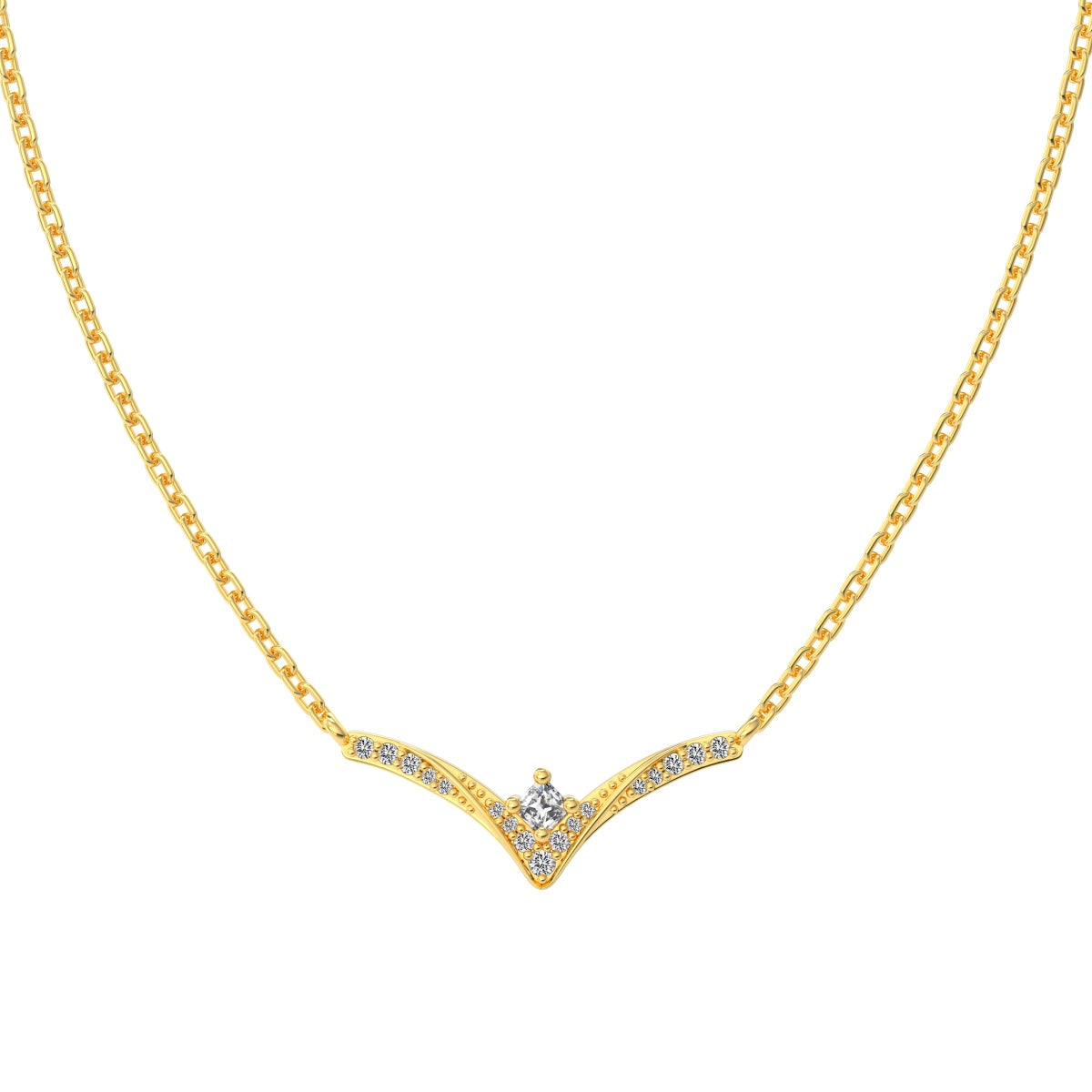 Gold necklace with a V-shaped chevron pendant on a white background
