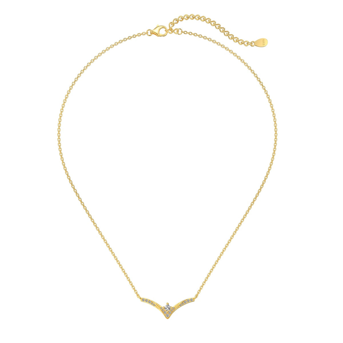 Gold necklace with a small chevron pendant on a white background