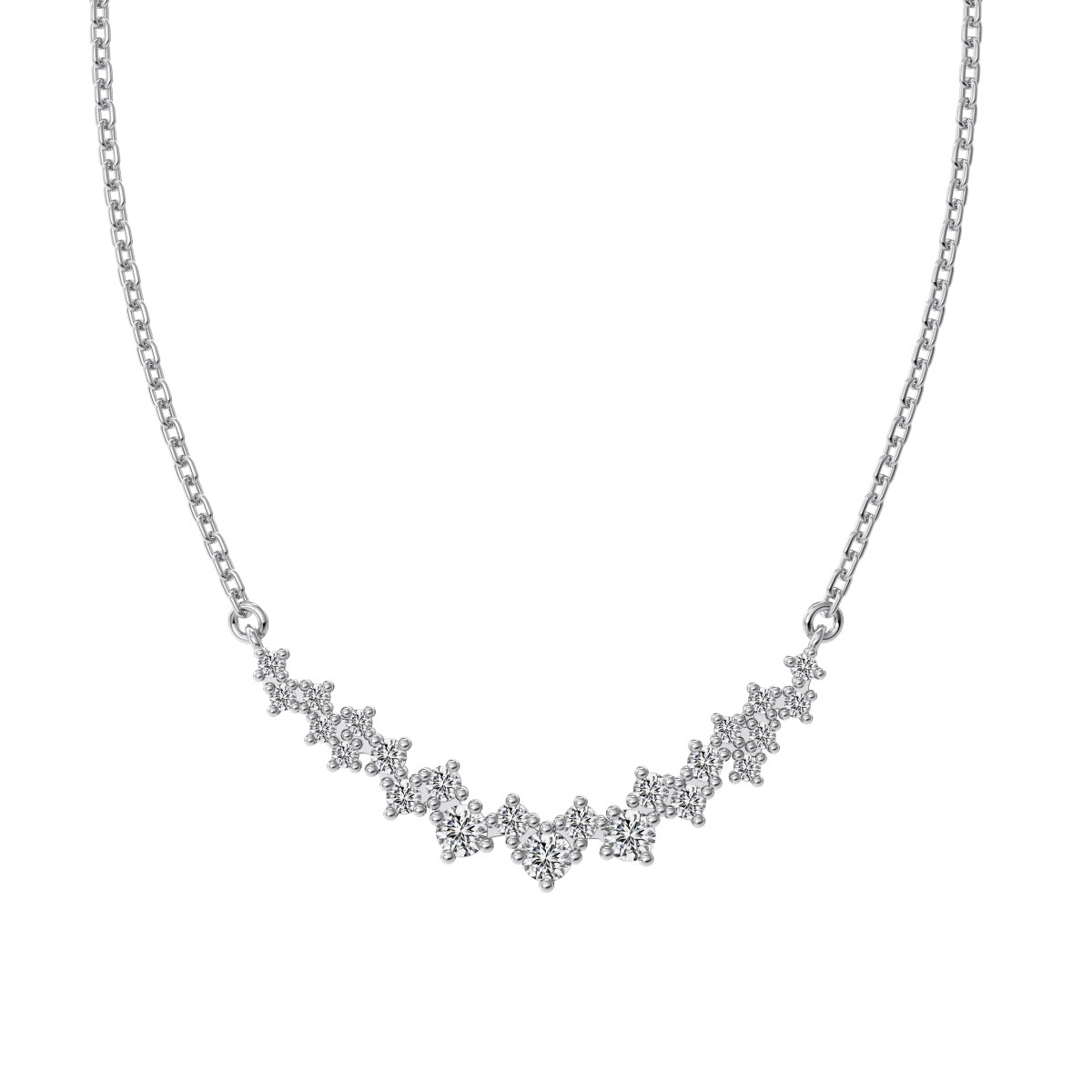 Silver necklace with a curved floral pendant on a white background