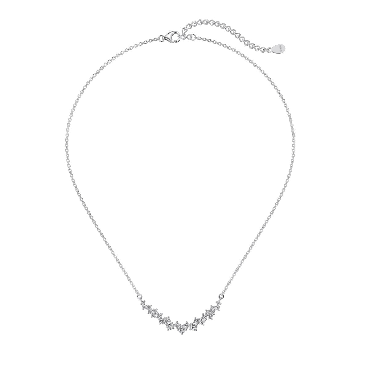 Silver necklace with curved zircon pendant on a white background