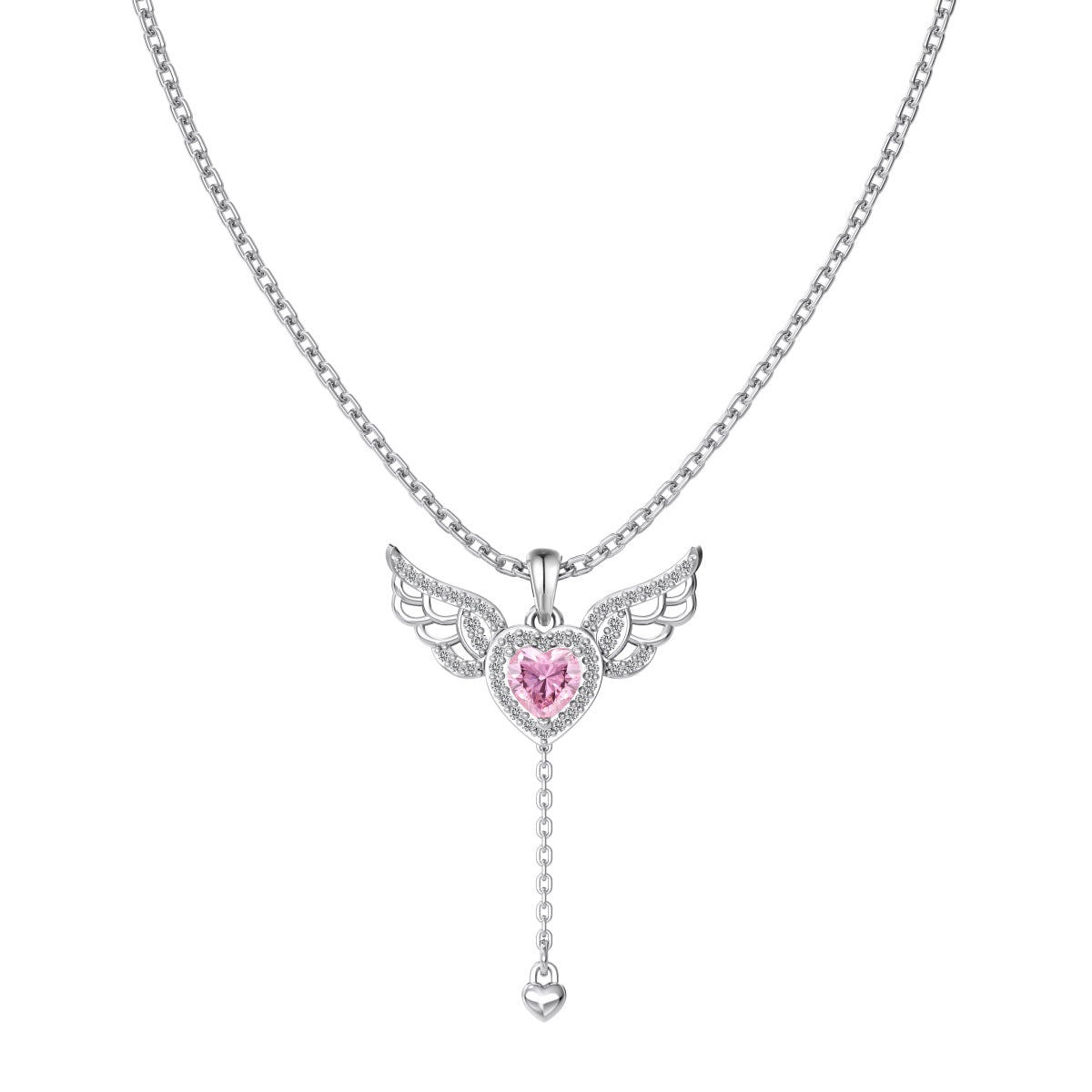 Necklace with a heart-shaped pendant featuring wings on a white background