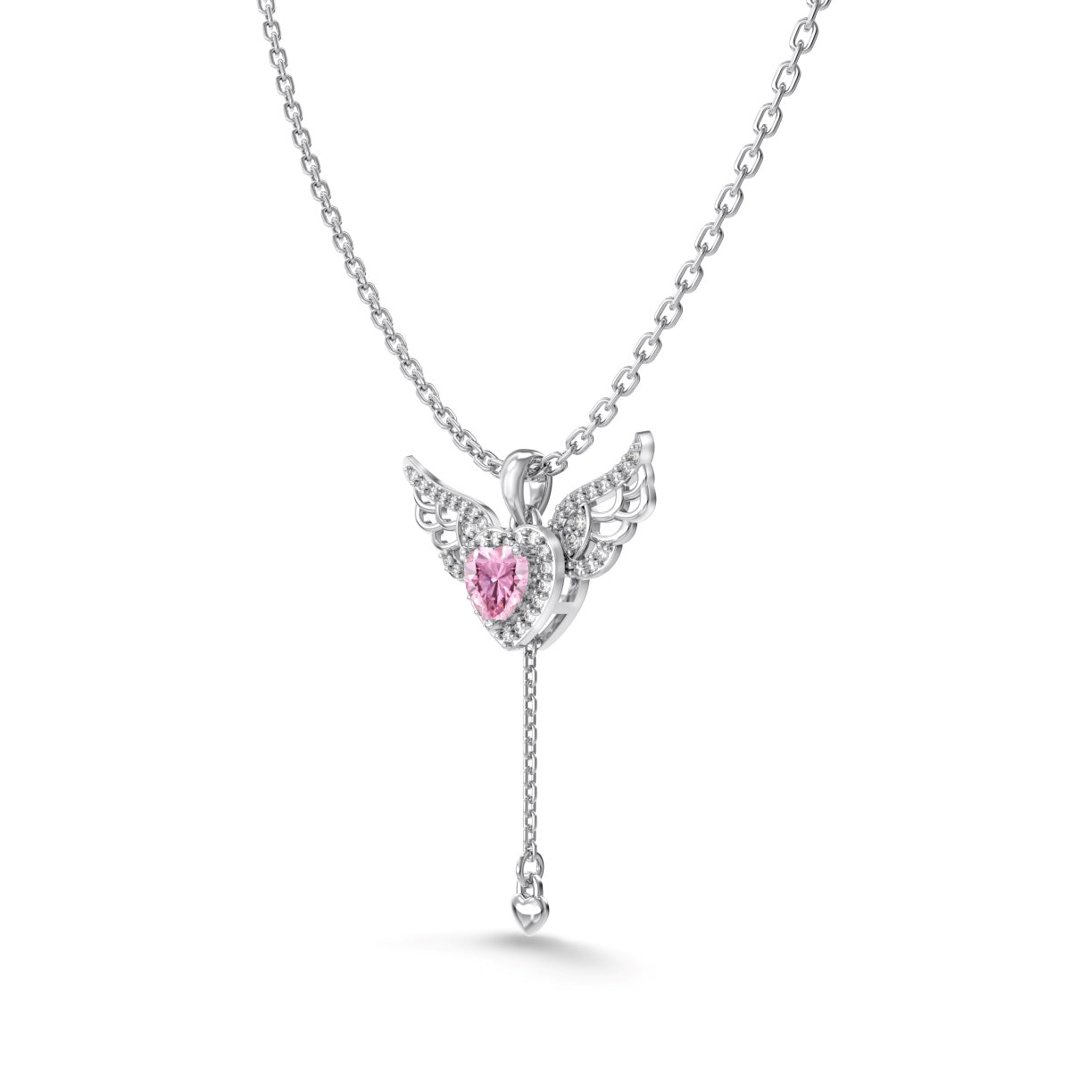 Butterfly-shaped necklace with a pink gemstone on a white background