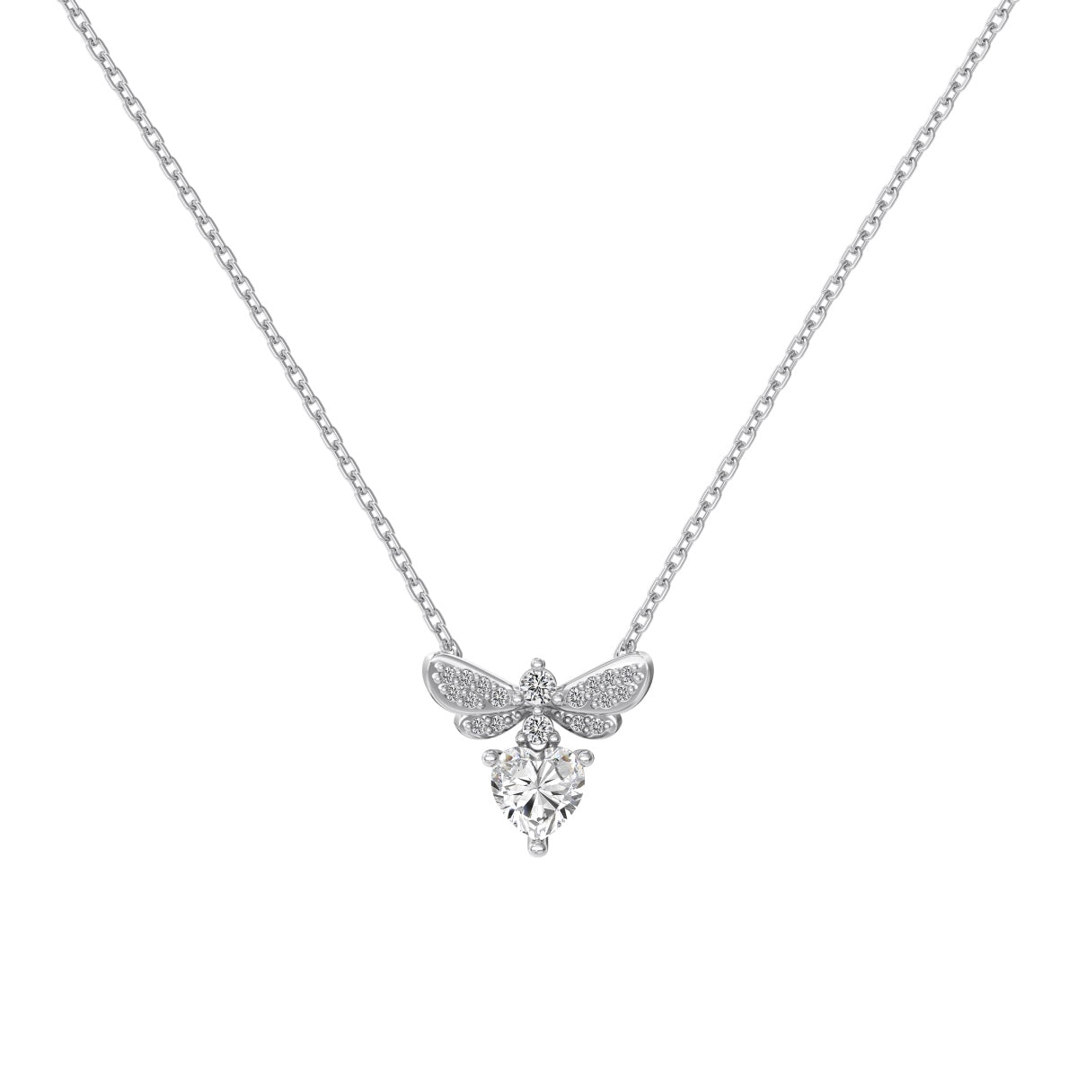 Silver butterfly necklace with a heart-shaped diamond on a white background