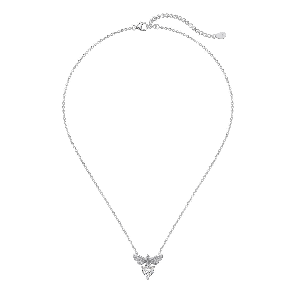 Silver necklace with a butterfly pendant on a white background