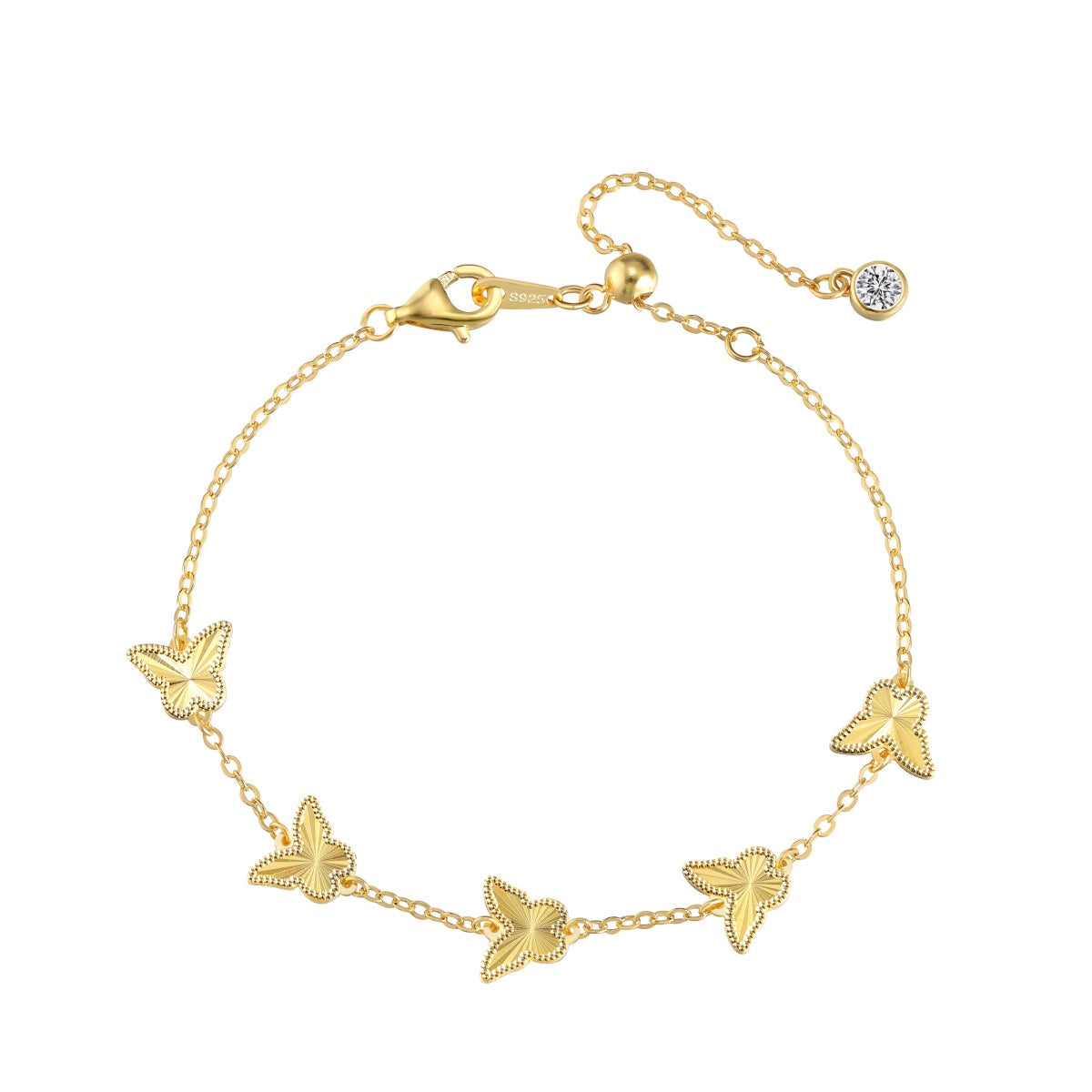 Gold bracelet with butterfly charms  on a white background
