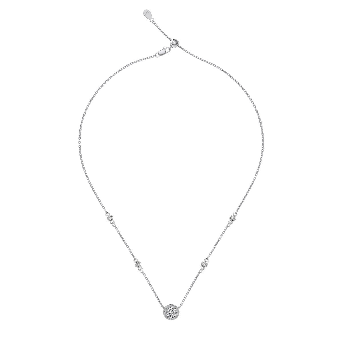Silver necklace with a small round pendant on a white background