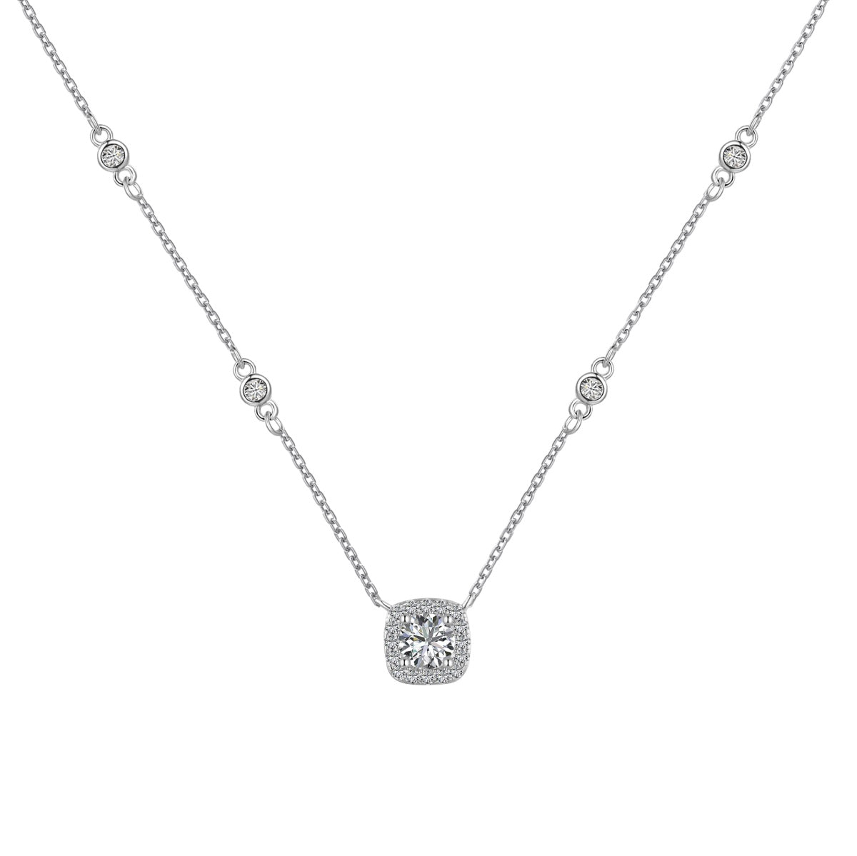 Silver necklace with a round pendant on a white background